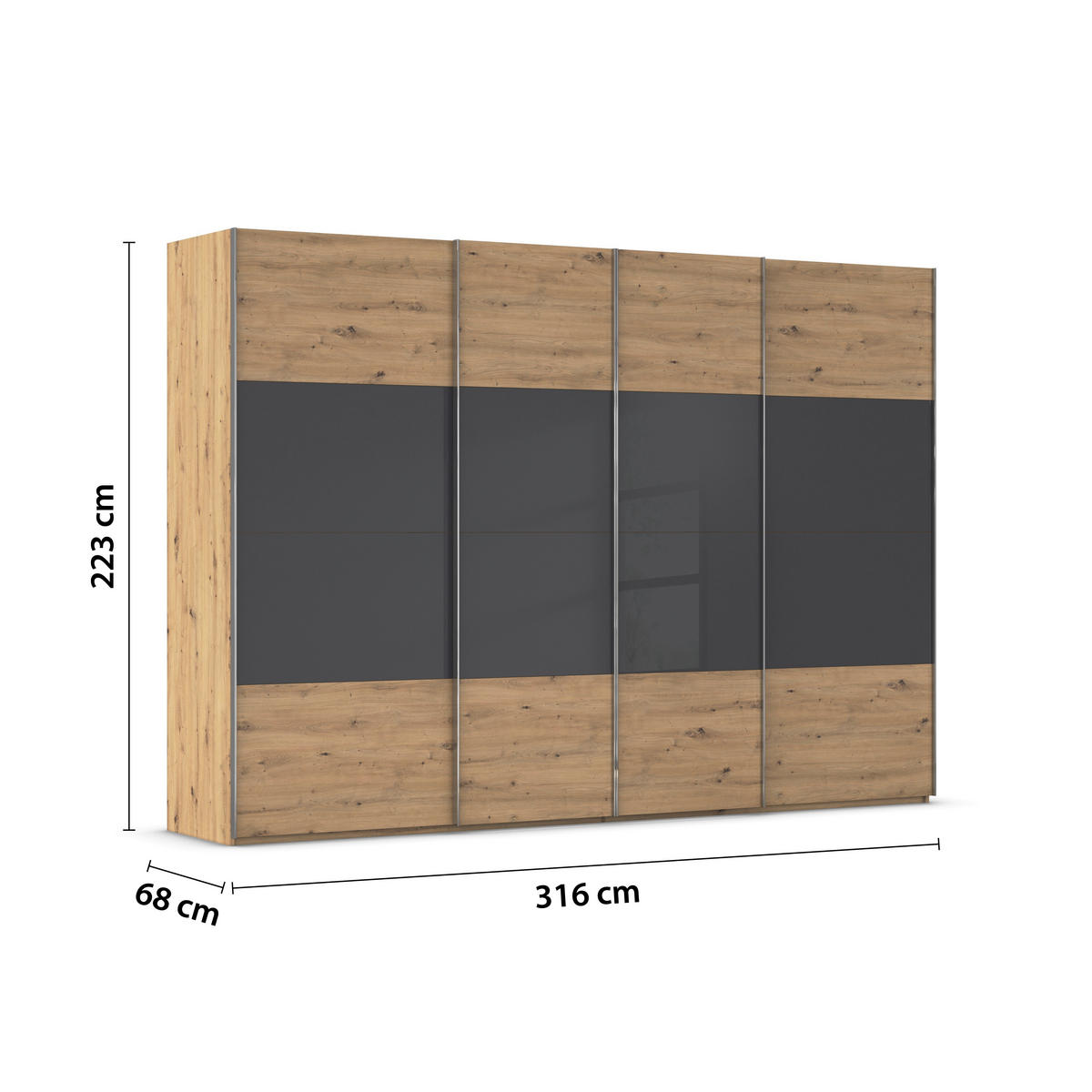 SCHWEBETÜRENSCHRANK 316/223/68 cm 4-türig Schwarz, Eiche Artisan  - Chromfarben/Schwarz, KONVENTIONELL, Glas/Holzwerkstoff (316/223/68cm) - Novel