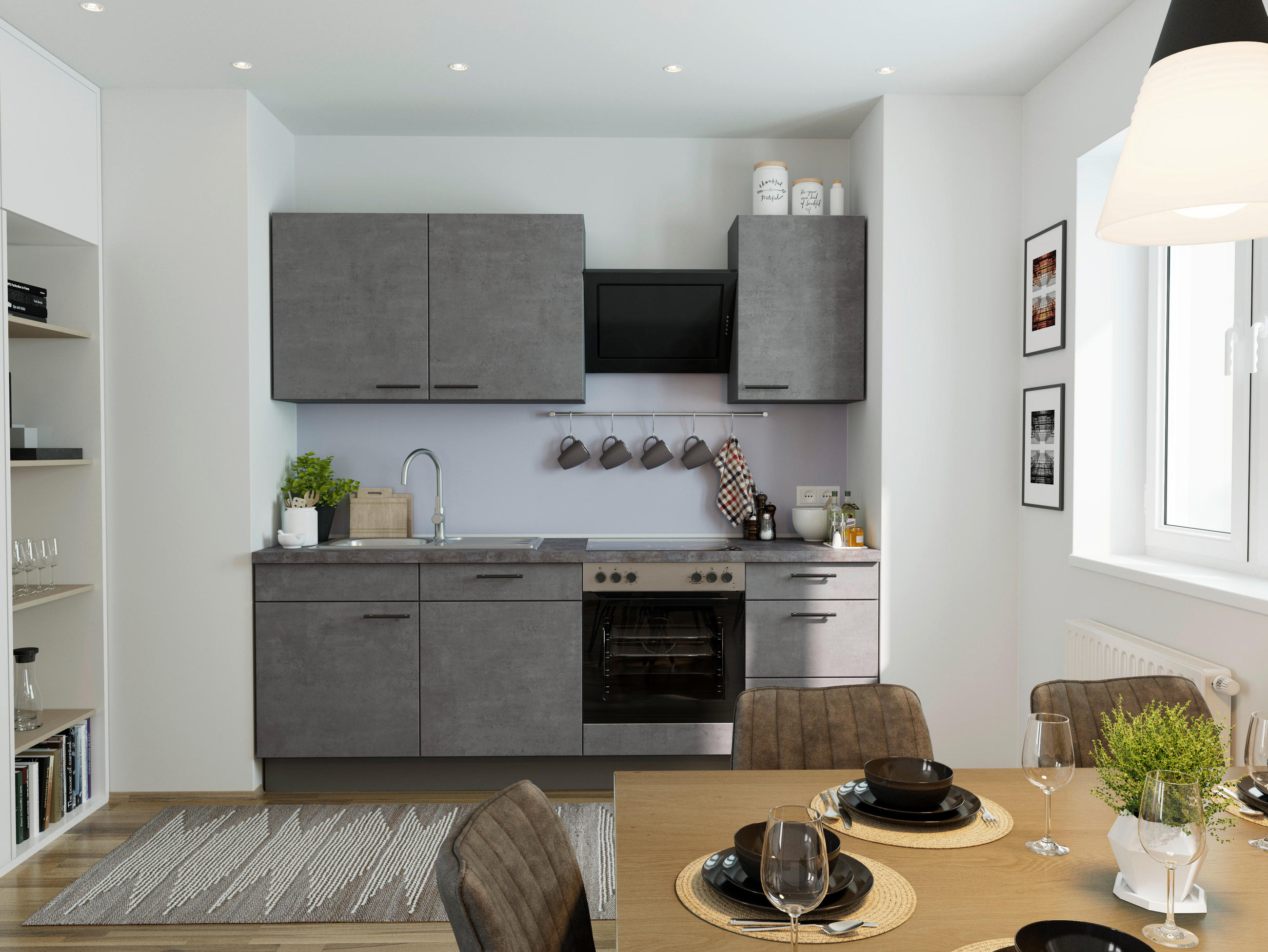 KÜCHENBLOCK 230 cm   in Dunkelgrau, Graphitfarben  - Dunkelgrau/Schwarz, MODERN, Holzwerkstoff/Metall (230cm) - Xora