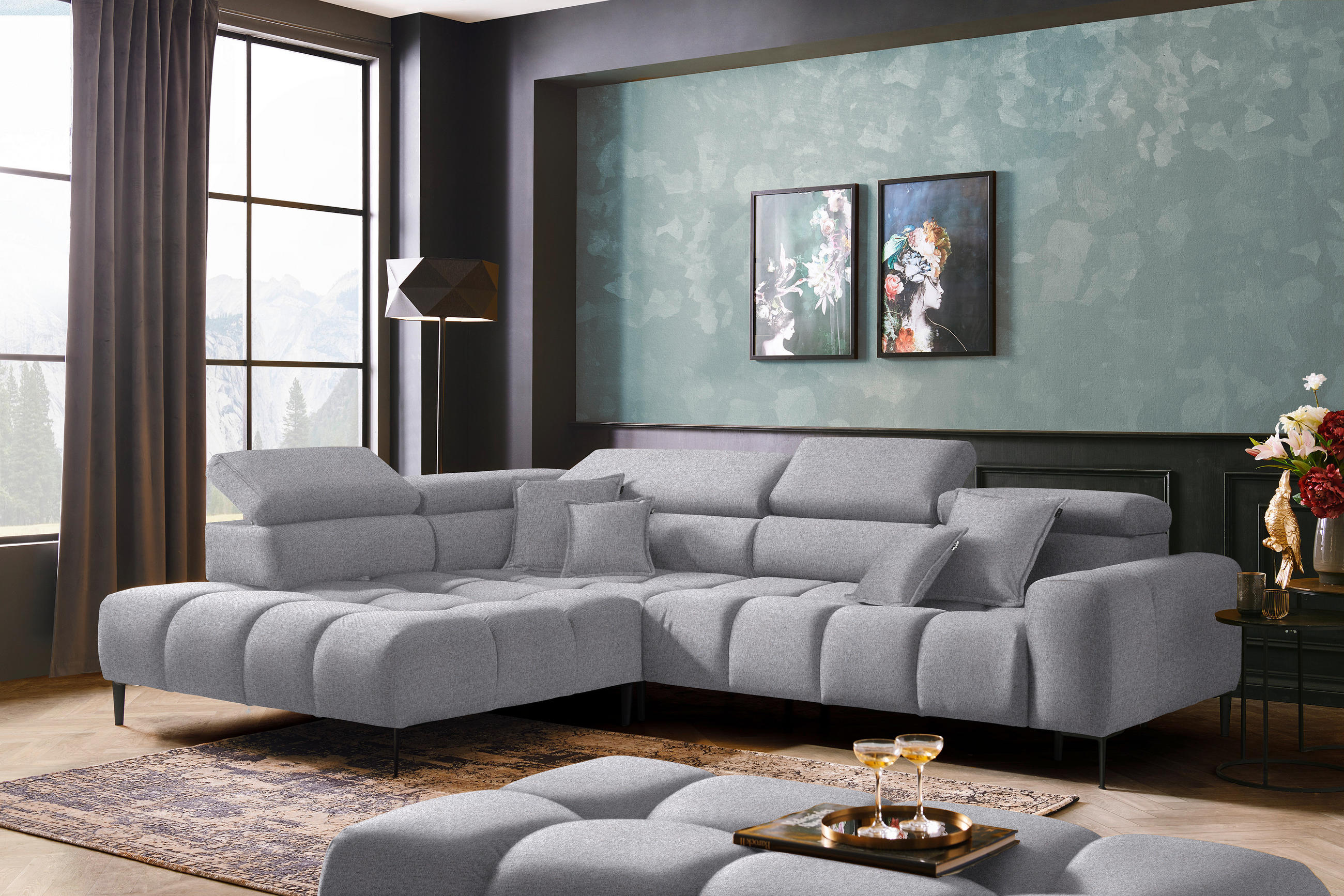 Thumbnail - Welnova Ecksofa, Grau, Textil, Uni, 5-Sitzer, Ottomane links, L-Form, 300x216 cm, Made in EU, Typenauswahl, Stoffauswahl...