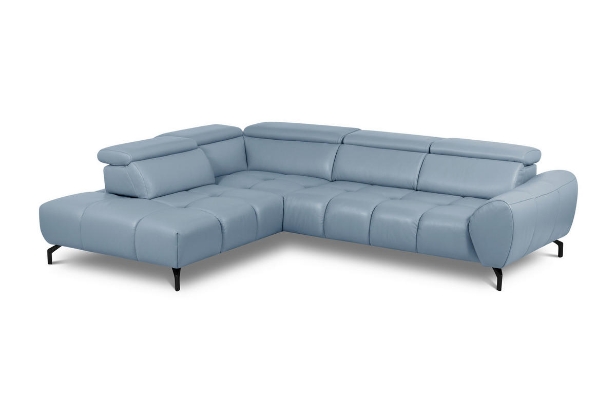ECKSOFA AERO Graublau Echtleder Rücken echt, Kopfteilverstellung  - Graublau/Schwarz, MODERN, Leder/Metall (294/224cm) - Celina Home