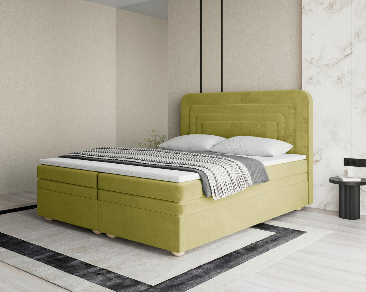 BOXBETT 180/200 cm,  in Olivgrün, gepolstertes Kopfteil, Bettkasten, Topper, H2 + H3 = mittel + fest  - Braun/Olivgrün, MODERN, Holz/Kunststoff (180/200cm) - Livetastic