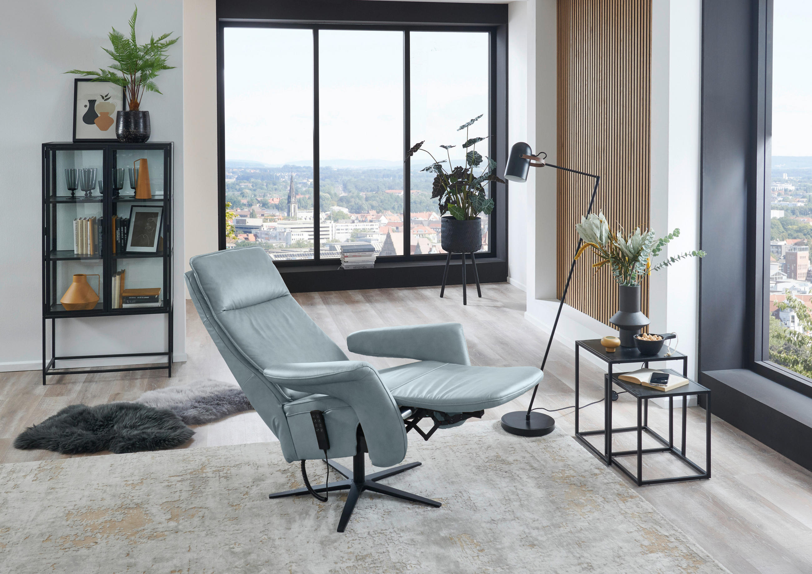 RELAXSESSEL in Leder Blaugrau  - Blaugrau/Schwarz, Design, Leder/Metall (83/123/87cm) - Valdera
