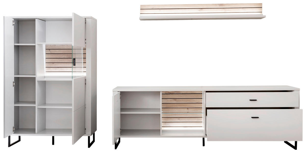 WOHNWAND  in Weiss, Eichefarben 326/152/44 cm  - Weiss/Eichefarben, Design, Glas/Holzwerkstoff (326/152/44cm) - Stylife