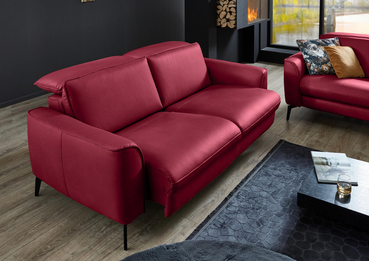 2,5-SITZER in Echtleder Rot  - Rot/Schwarz, Natur, Leder/Metall (194/81/110cm) - Valdera
