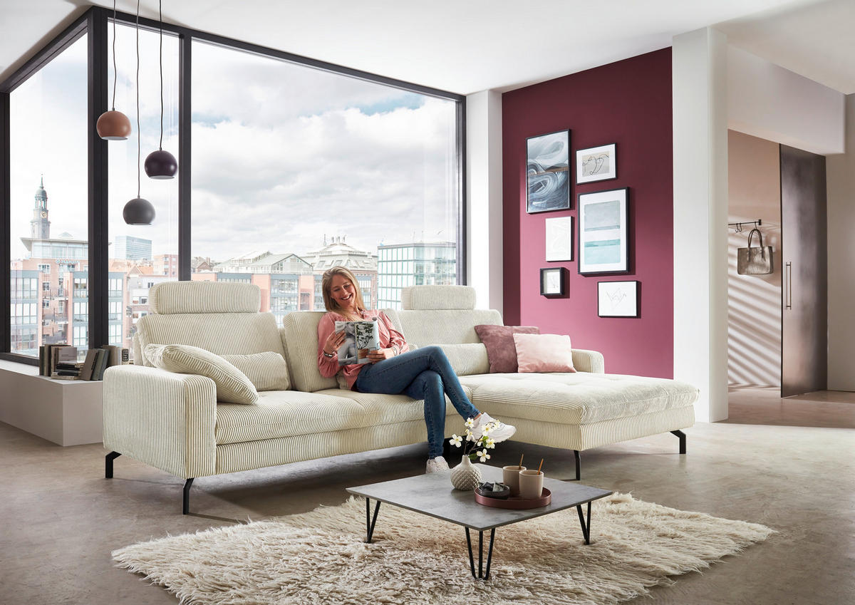 ECKSOFA in Cord Creme  - Creme/Schwarz, Design, Textil/Metall (302/178cm) - Beldomo Style