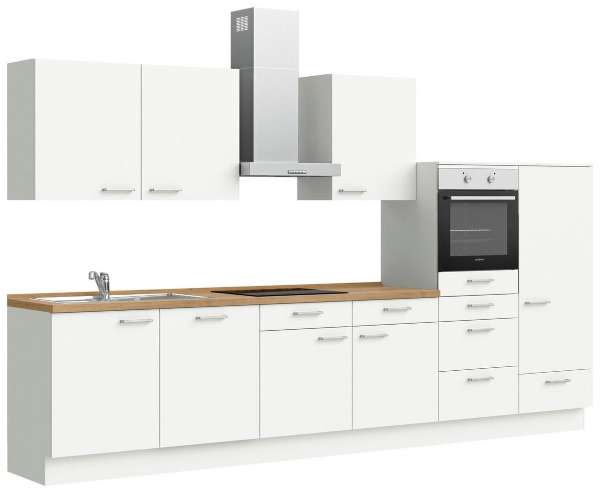 KÜCHENBLOCK 360 cm   in Weiß, Eichefarben  - Edelstahlfarben/Eichefarben, MODERN, Holzwerkstoff/Metall (360cm) - Nobilia