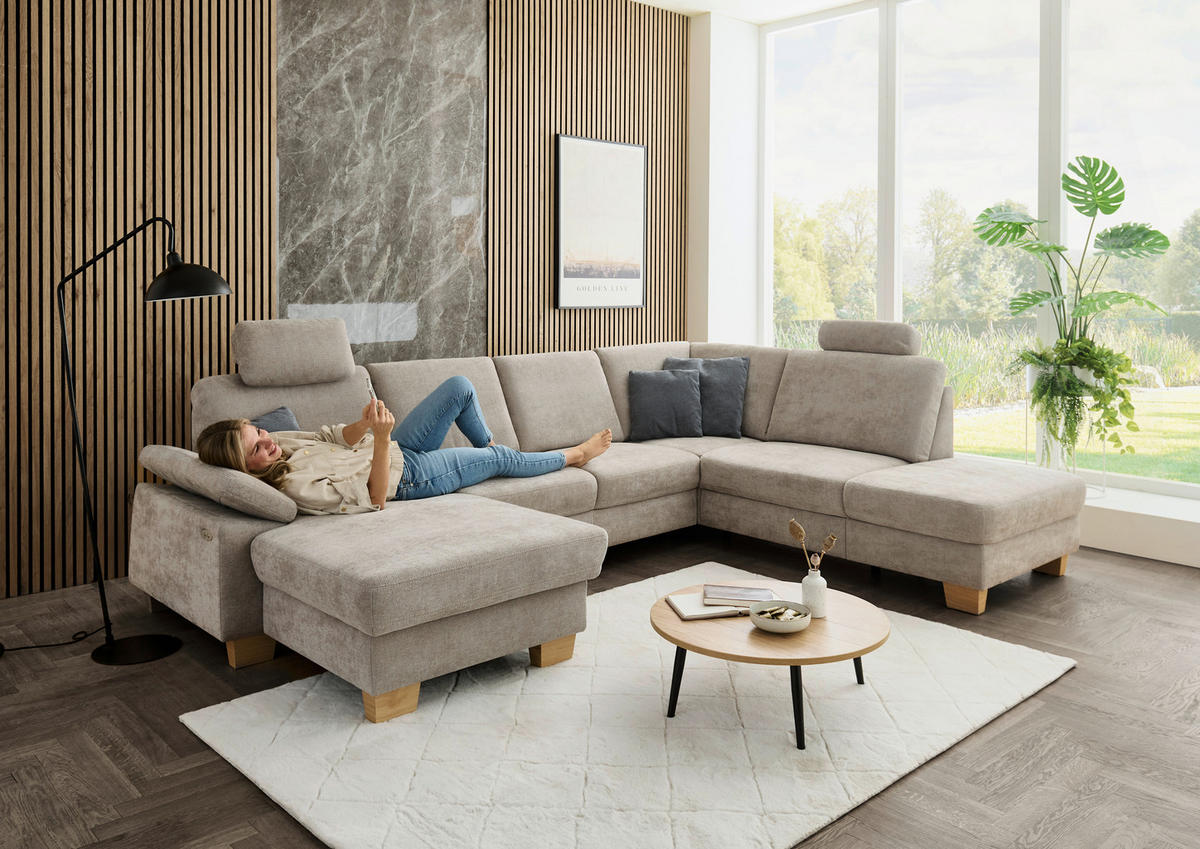 WOHNLANDSCHAFT Beldomo System in Flachgewebe Beige  - Eichefarben/Beige, KONVENTIONELL, Holz/Textil (167/316/235cm) - Beldomo System