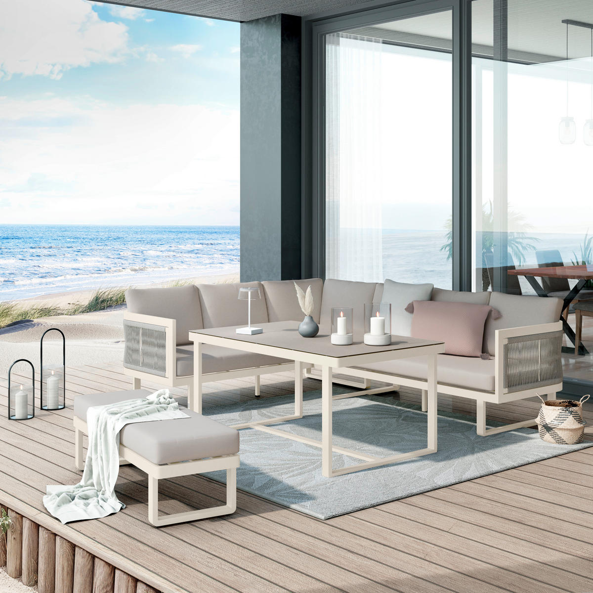 DINING-LOUNGESET 190/241 cm Aluminium  - Beige/Hellgrau, Design, Glas/Textil (190/241cm) - Amatio