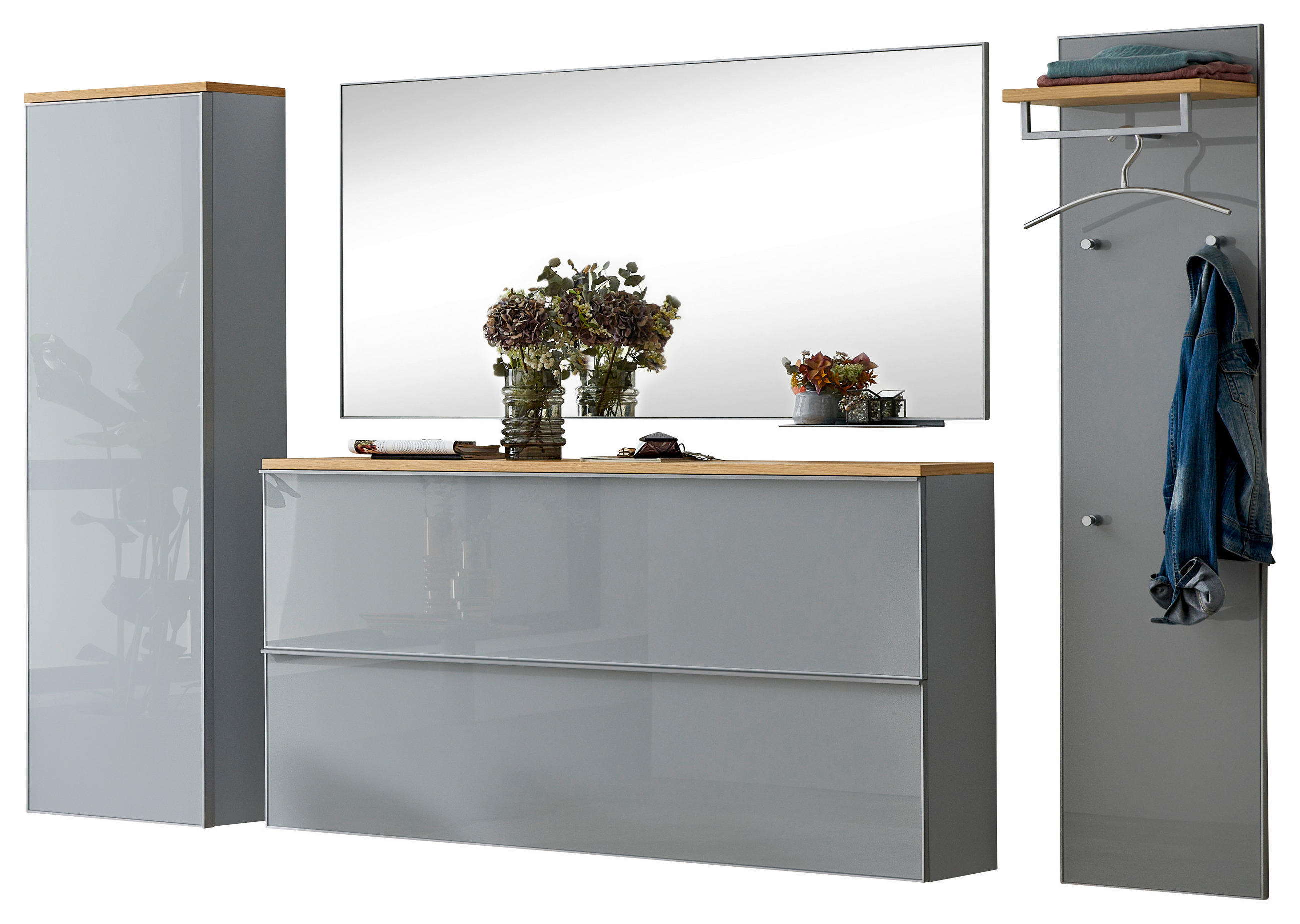 GARDEROBE 5-teilig  in 285/195/31 cm  - Grau, Design, Glas/Holz (285/195/31cm)