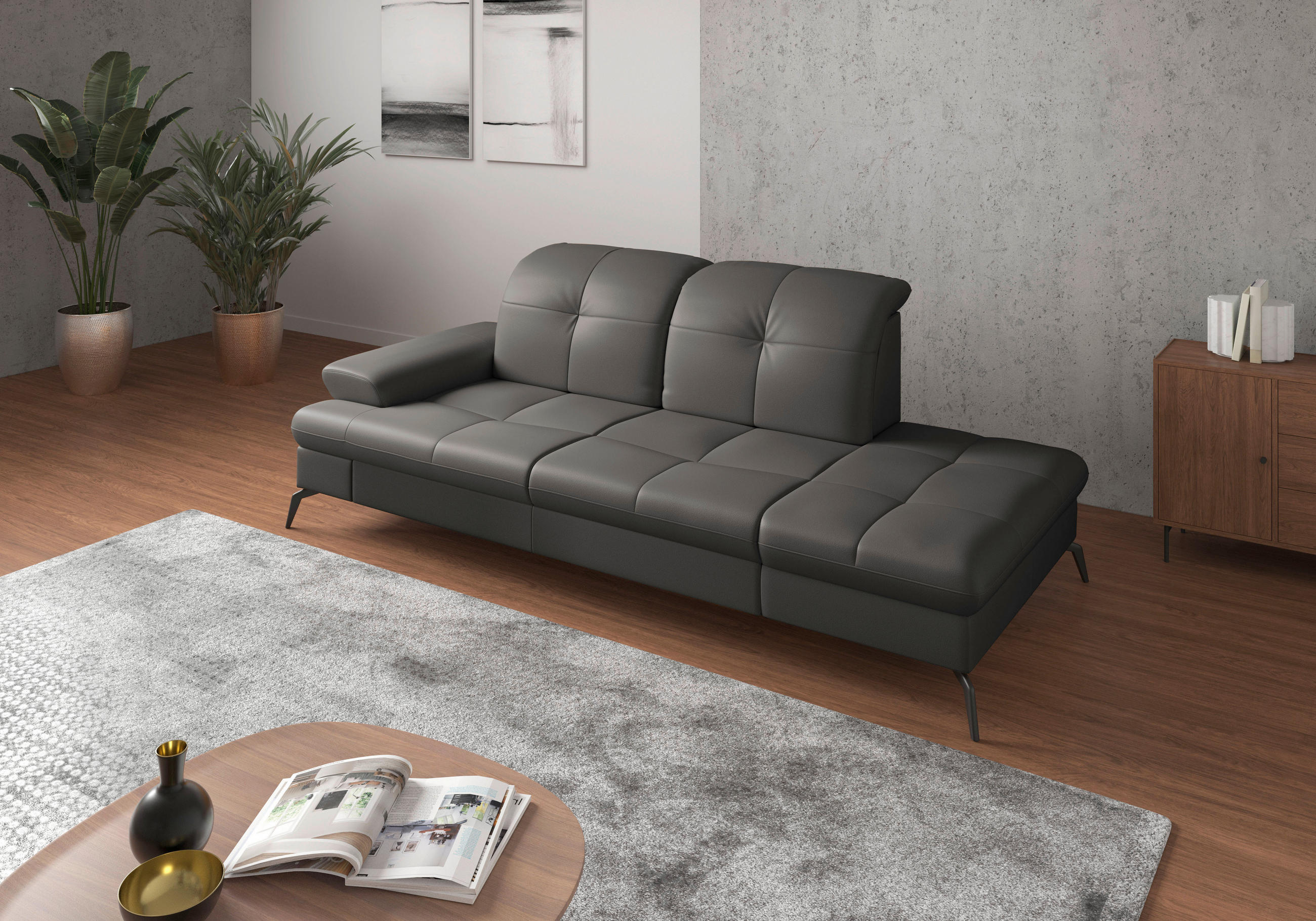 RÉCAMIERE Echtleder Anthrazit  - Anthrazit/Schwarz, Konventionell, Leder/Metall (231/90/122cm) - Sit & More