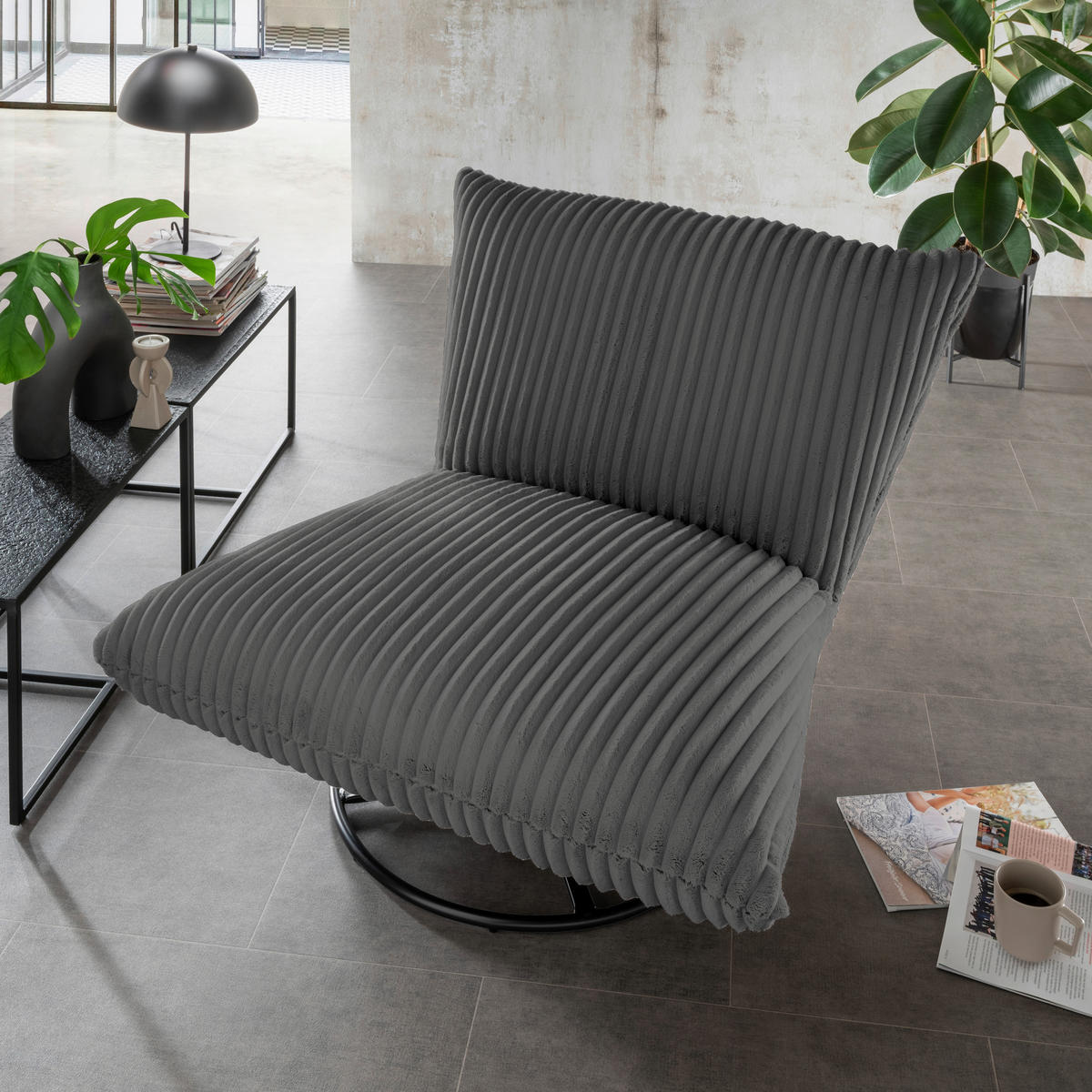 RELAXSESSEL Crermona Cord Rücken echt    - Anthrazit/Schwarz, Design, Textil/Metall (100/78/96cm) - Livetastic