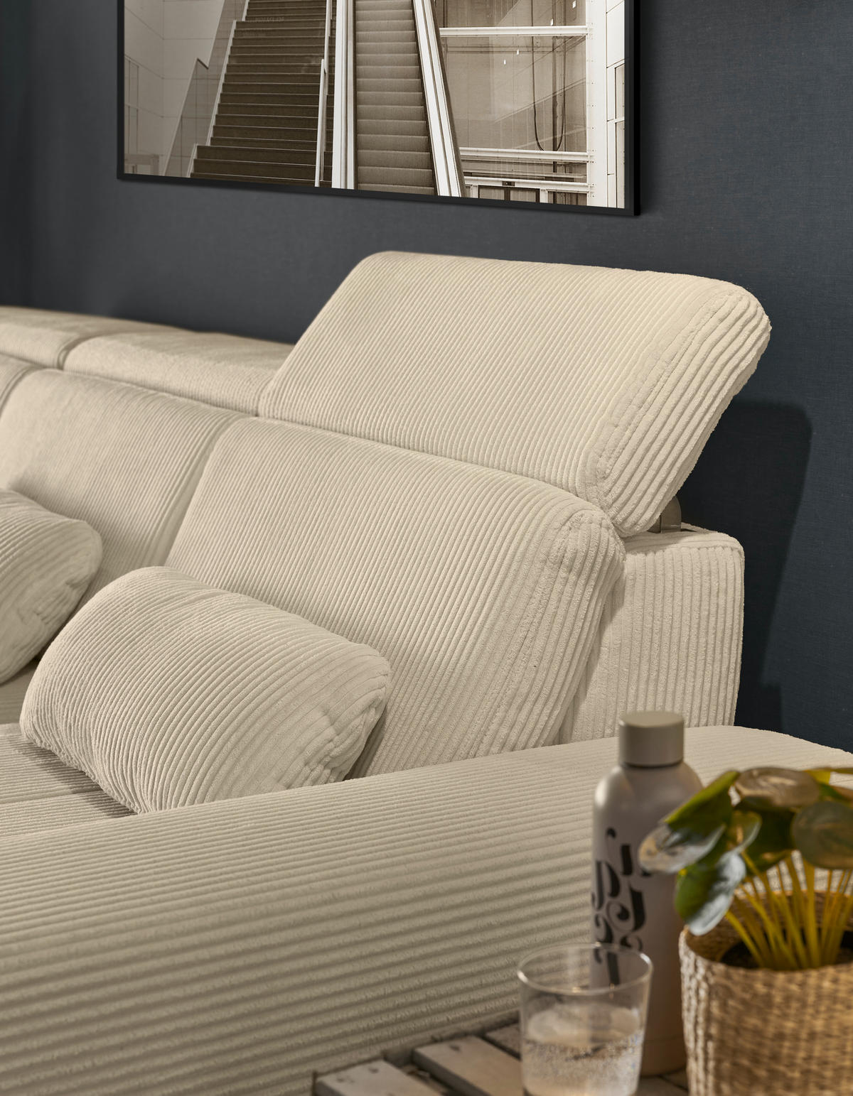 ECKSOFA Creme Cord  - Eiche Bianco/Creme, KONVENTIONELL, Holz/Textil (195/307cm) - SetOne by Musterring