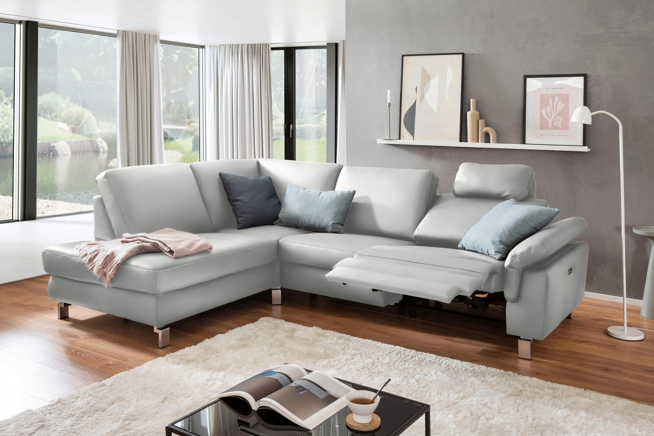 ECKSOFA in Echtleder Hellgrau  - Chromfarben/Hellgrau, Design, Leder/Metall (200/271cm) - Pure Home Lifestyle