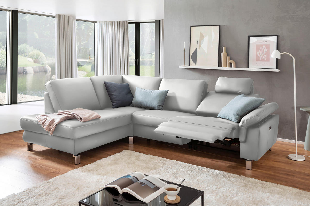 ECKSOFA in Echtleder Hellgrau  - Chromfarben/Hellgrau, Design, Leder/Metall (200/271cm) - Pure Home Lifestyle