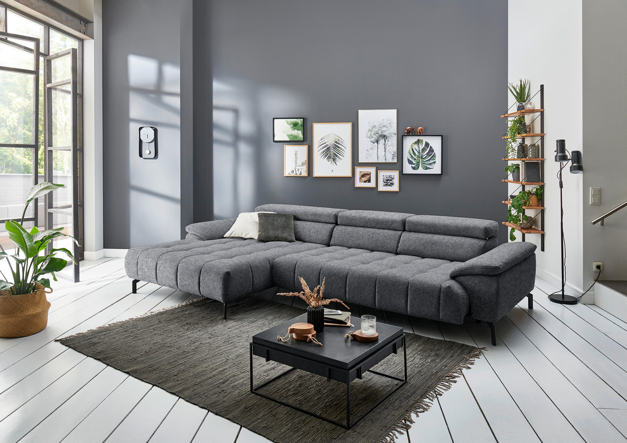 ECKSOFA in Chenille Grau  190/329 cm  - Schwarz/Grau, Design, Textil/Metall (190/329cm) - Beldomo Style