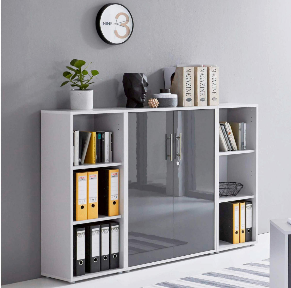 BÜRO erweiterbar, abschließbar Grau, Anthrazit Hochglanz - Anthrazit Hochglanz/Grau, MODERN, Holzwerkstoff/Metall - MID.YOU