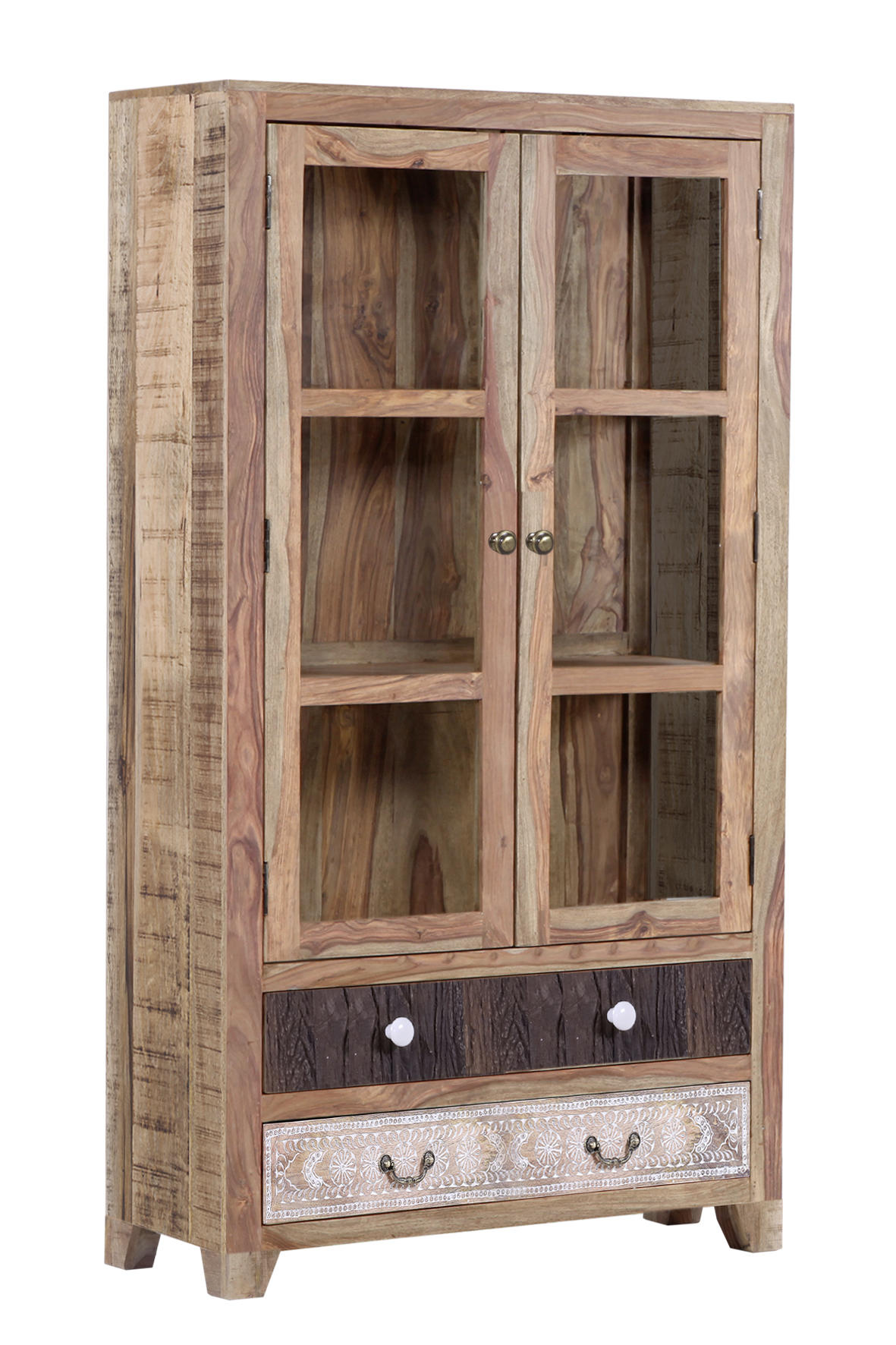 VITRINE Akazie, Mangoholz massiv Multicolor, Naturfarben Einlegeböden - Messingfarben/Multicolor, Design, Glas/Holz (100/180/40cm)