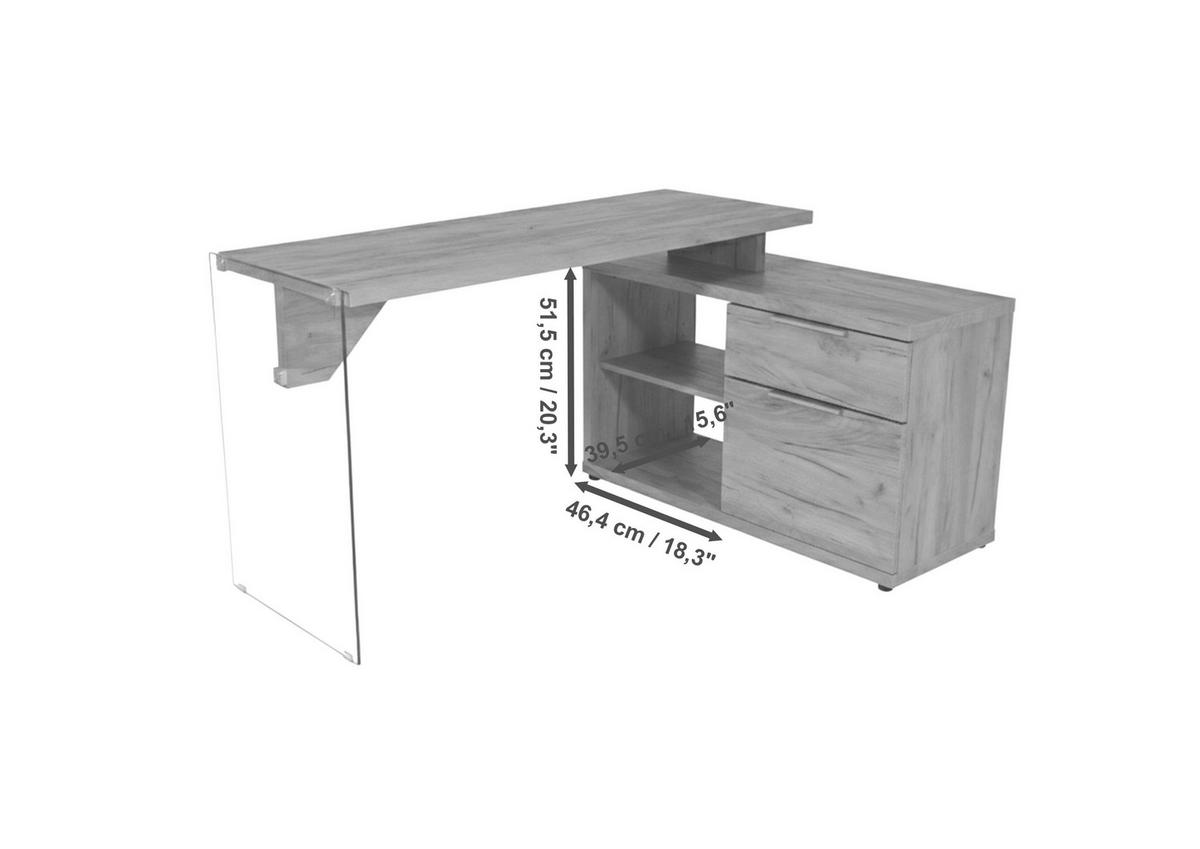 ECKSCHREIBTISCH 141,8/100/74 cm Eichefarben Stauraum, seitenverkehrt montierbar  - Eichefarben/Silberfarben, Design, Glas/Holzwerkstoff (141,8/100/74cm) - MID.YOU