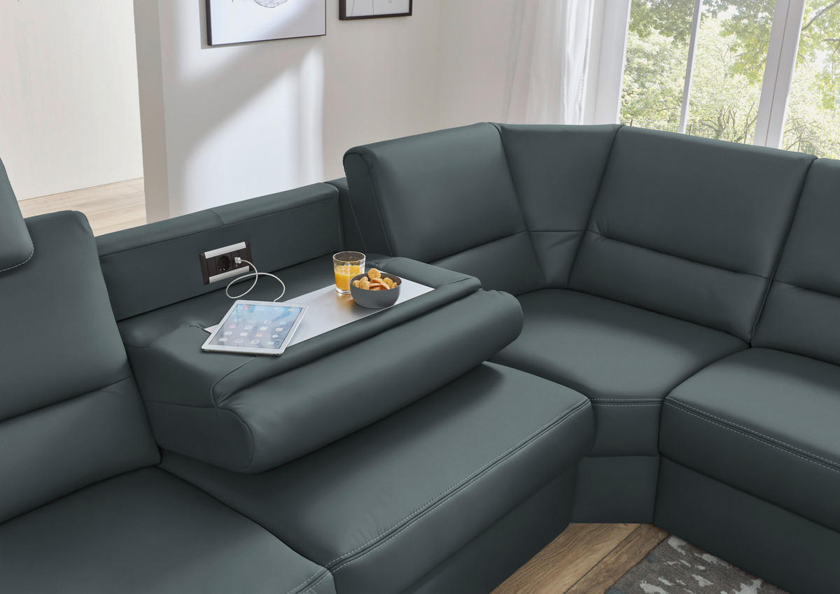 ECKSOFA in Echtleder Blaugrau  - Beige/Blaugrau, Design, Leder/Metall (288/249cm) - Beldomo Premium