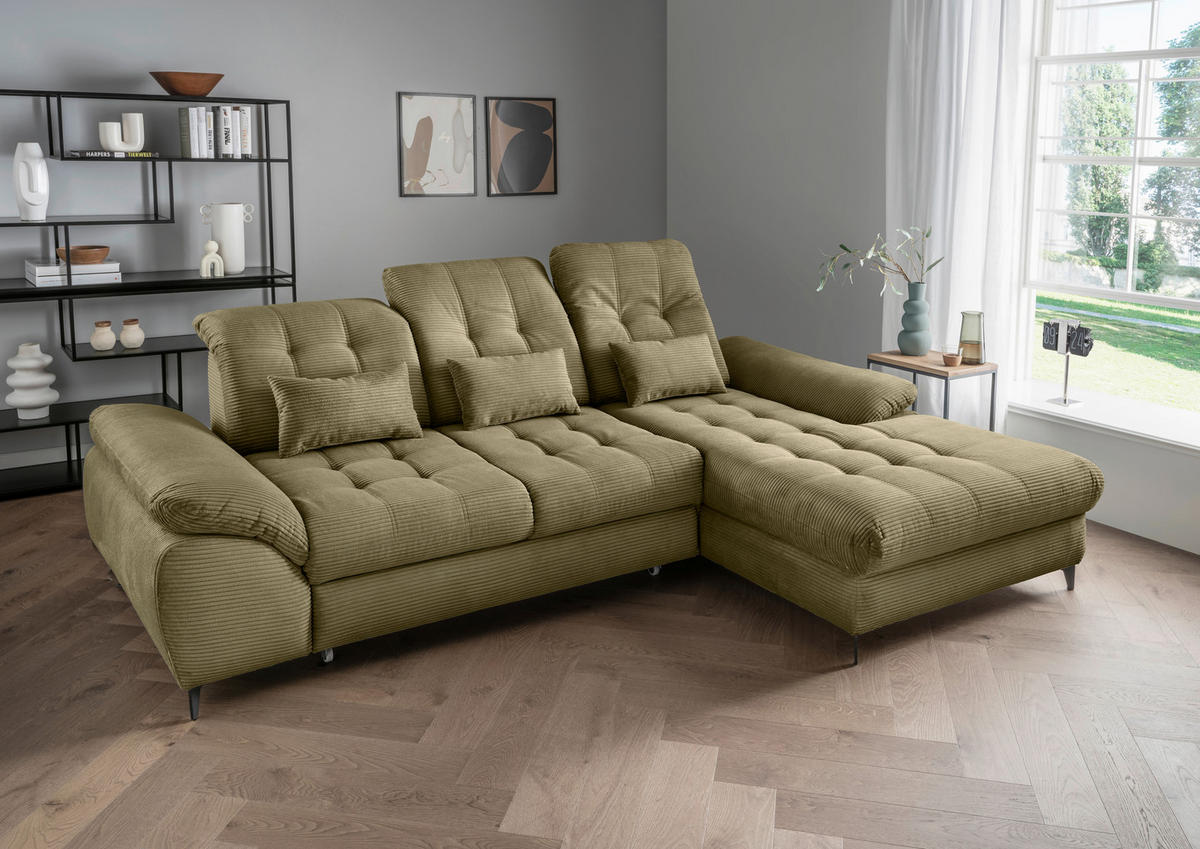 ECKSCHLAFSOFA in Cord Olivgrün  - Schwarz/Olivgrün, Modern, Textil/Metall (273/189cm) - Livetastic