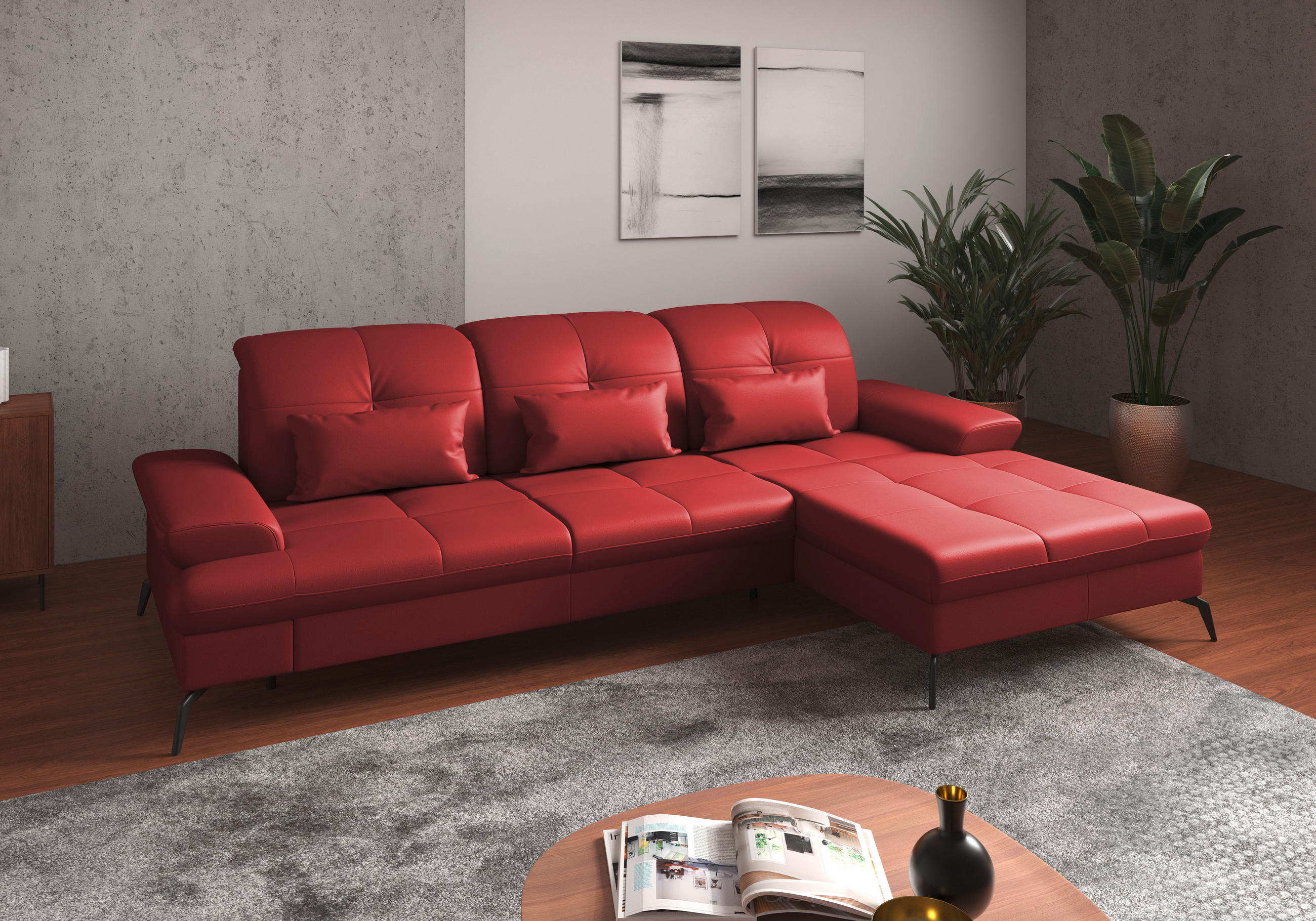 ECKSOFA in Vliesstoff Kombination Echtleder/Stoff Rot  - Rot/Schwarz, Konventionell, Leder/Textil (279/185cm) - Sit & More