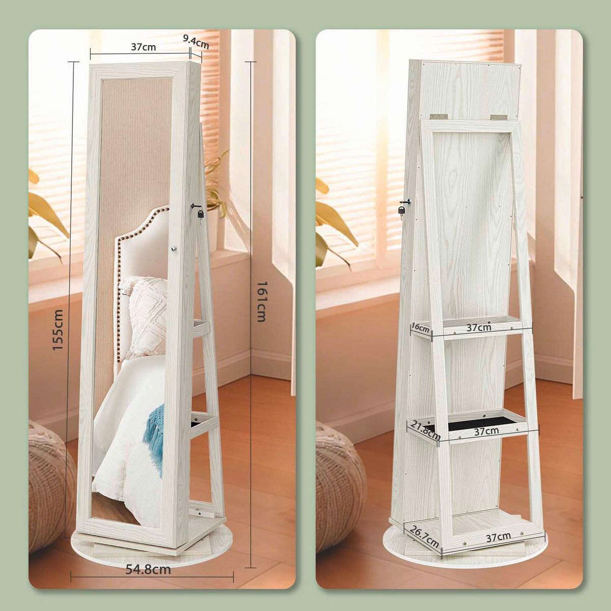 SCHMUCKSCHRANK - Eiche Bianco, Basics, Glas/Holzwerkstoff (55/155cm)