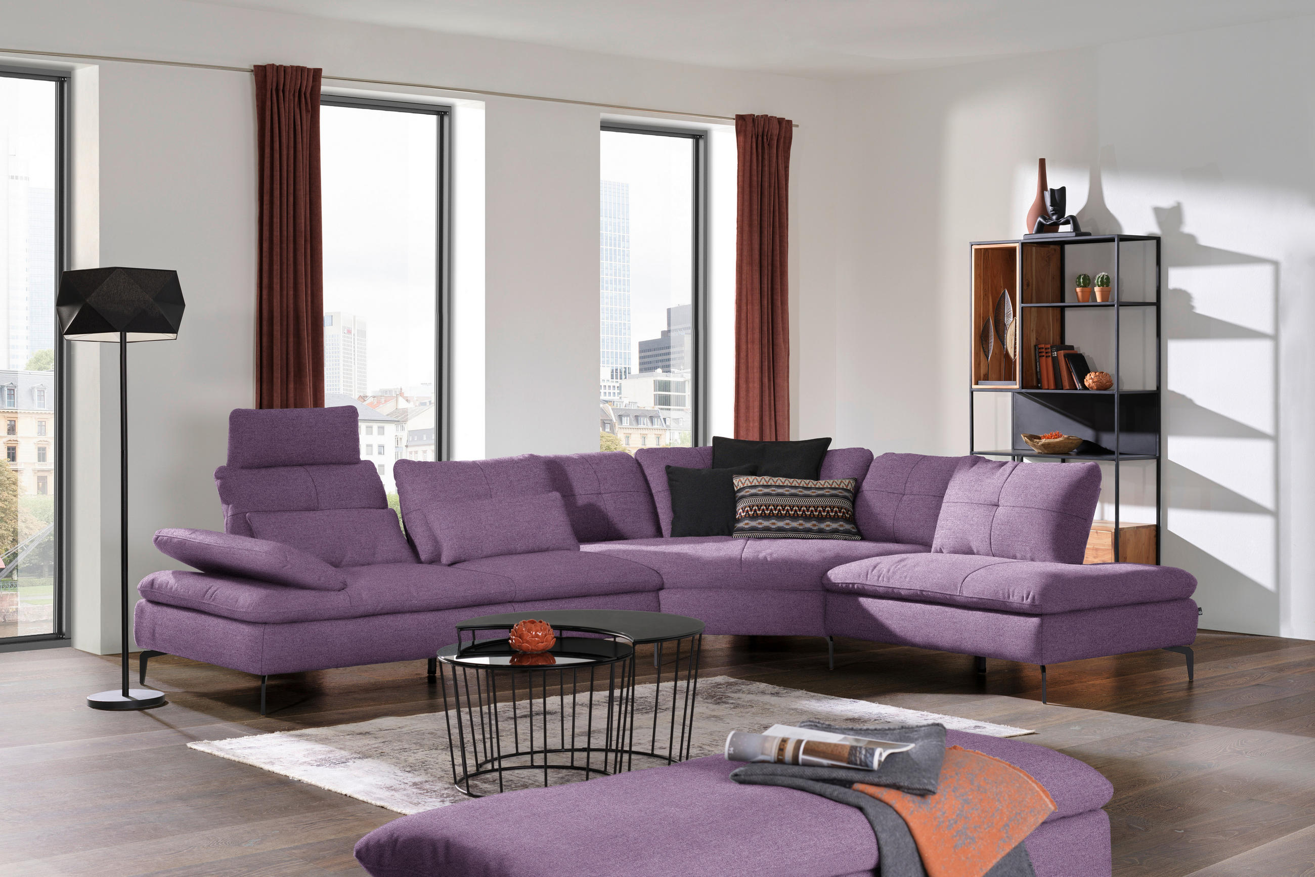 ECKSOFA in Flachgewebe Lila  - Lila/Schwarz, Design, Textil/Metall (344/271cm) - Chilliano