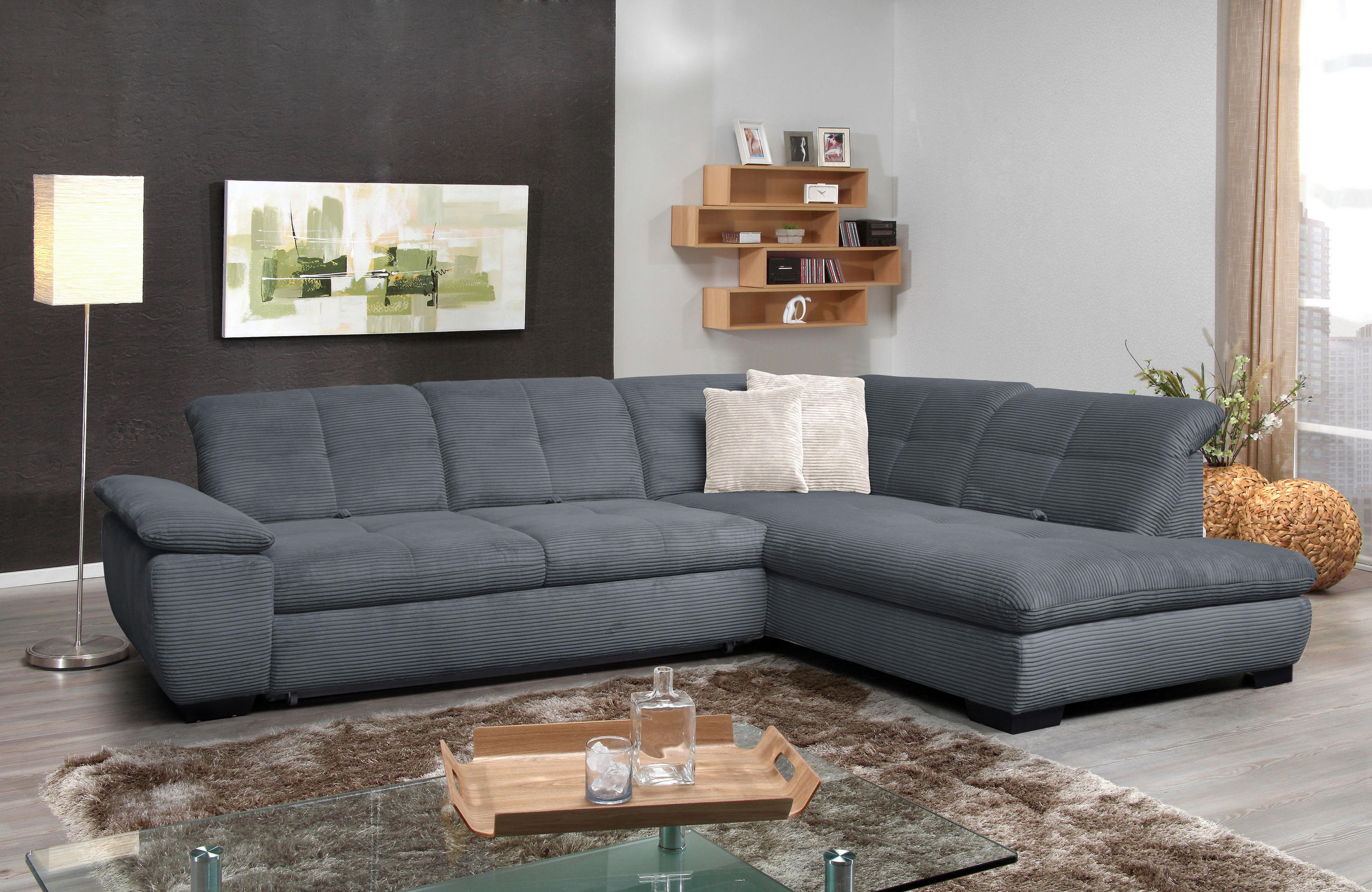 ECKSOFA in Cord Grau  - Schwarz/Grau, Design, Textil/Metall (313/242cm) - Xora