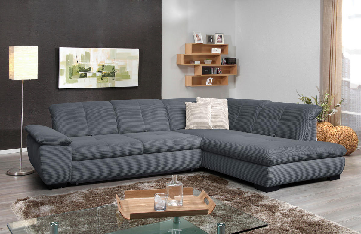 ECKSOFA in Cord Grau  - Schwarz/Grau, Design, Textil/Metall (313/242cm) - Xora