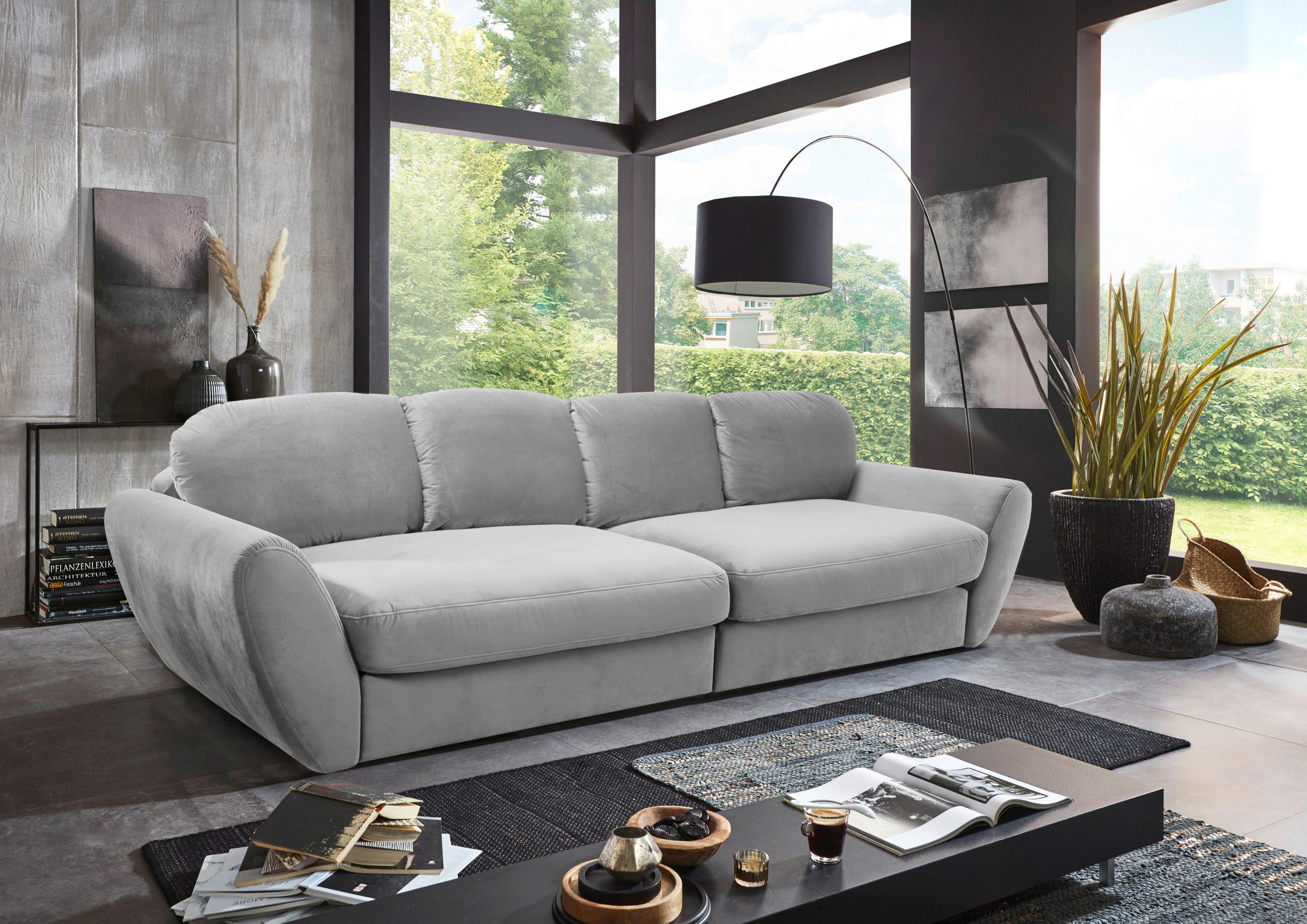 BIGSOFA in Flachgewebe Hellgrau  - Hellgrau/Schwarz, Modern, Kunststoff/Textil (290/96/113cm) - Sit & More