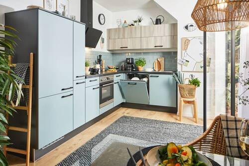 ECKKÜCHE 305/185 cm  in Eichefarben, Pastellblau  - Pastellblau/Eichefarben, Design, Holzwerkstoff/Metall (305/185cm) - Xora