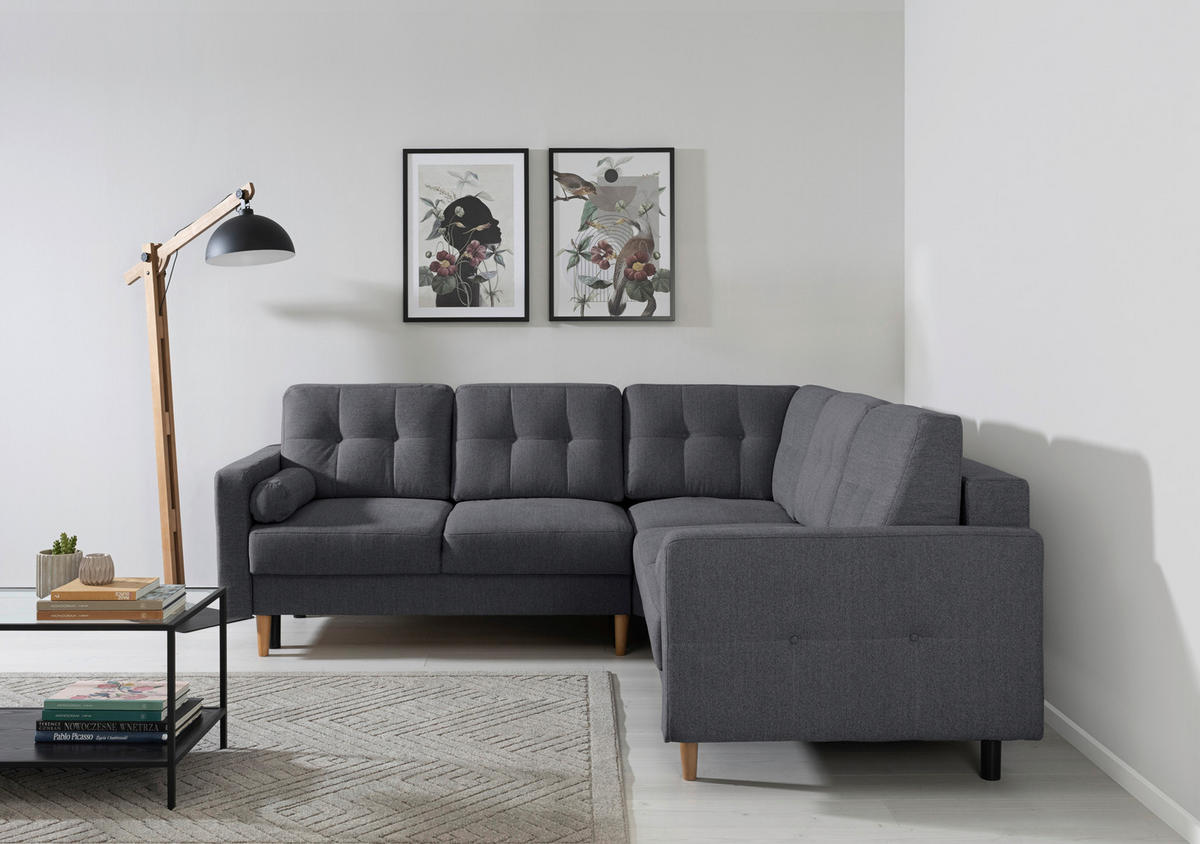 ECKSOFA in Dunkelgrau  - Dunkelgrau/Buchefarben, Design, Holz/Textil (242/242cm) - MID.YOU