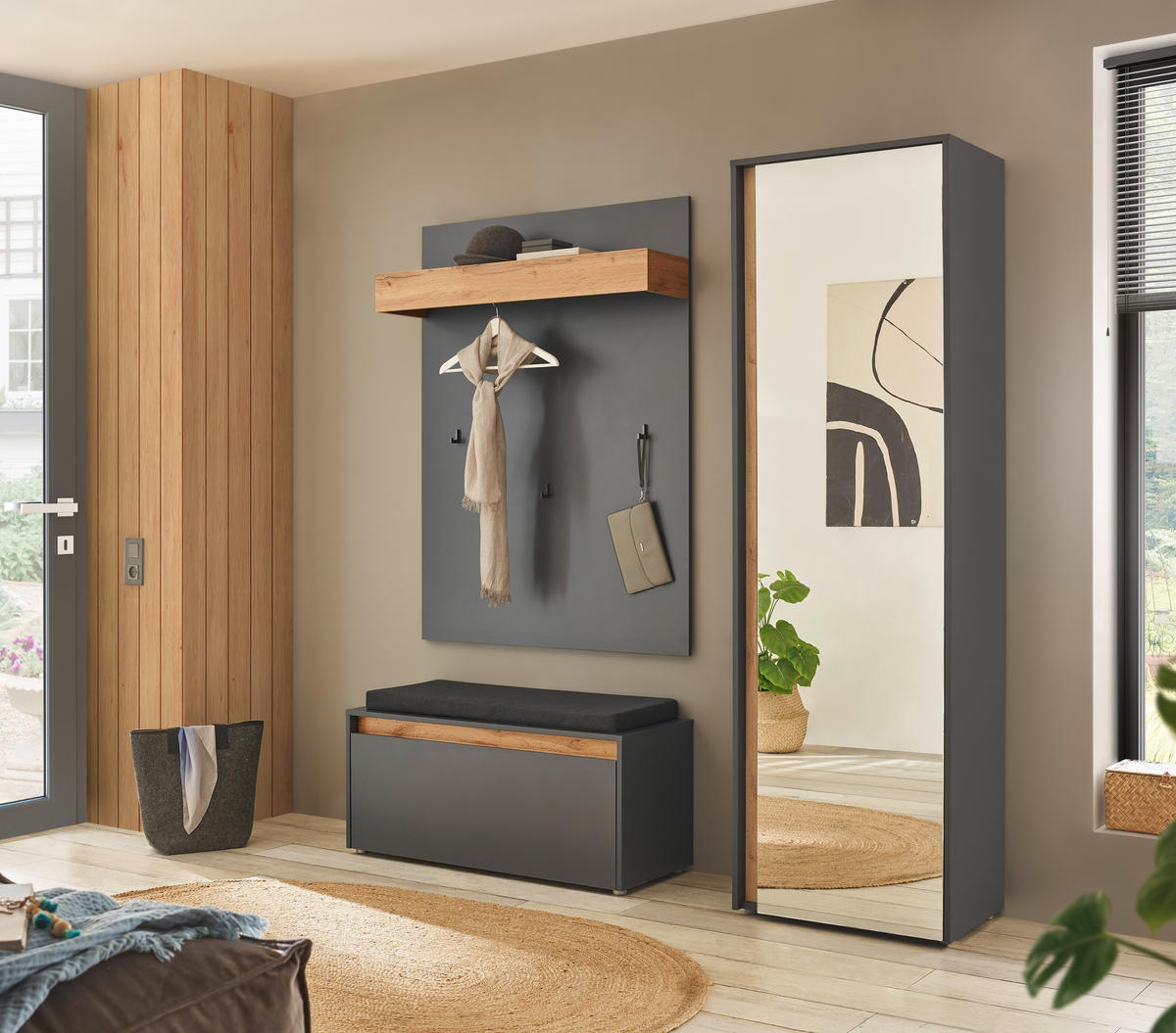 GARDEROBENSCHRANK  in 60/200/40 cm  - Anthrazit/Eiche Wotan, Design, Glas/Holzwerkstoff (60/200/40cm) - Modante