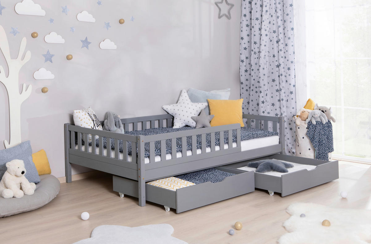 HAUSBETT Absturzsicherung, Matratze, Rollrost, Bettschublade 140/200 cm  - Hellgrau/Weiß, MODERN, Holz/Textil (140/200cm) - MID.YOU