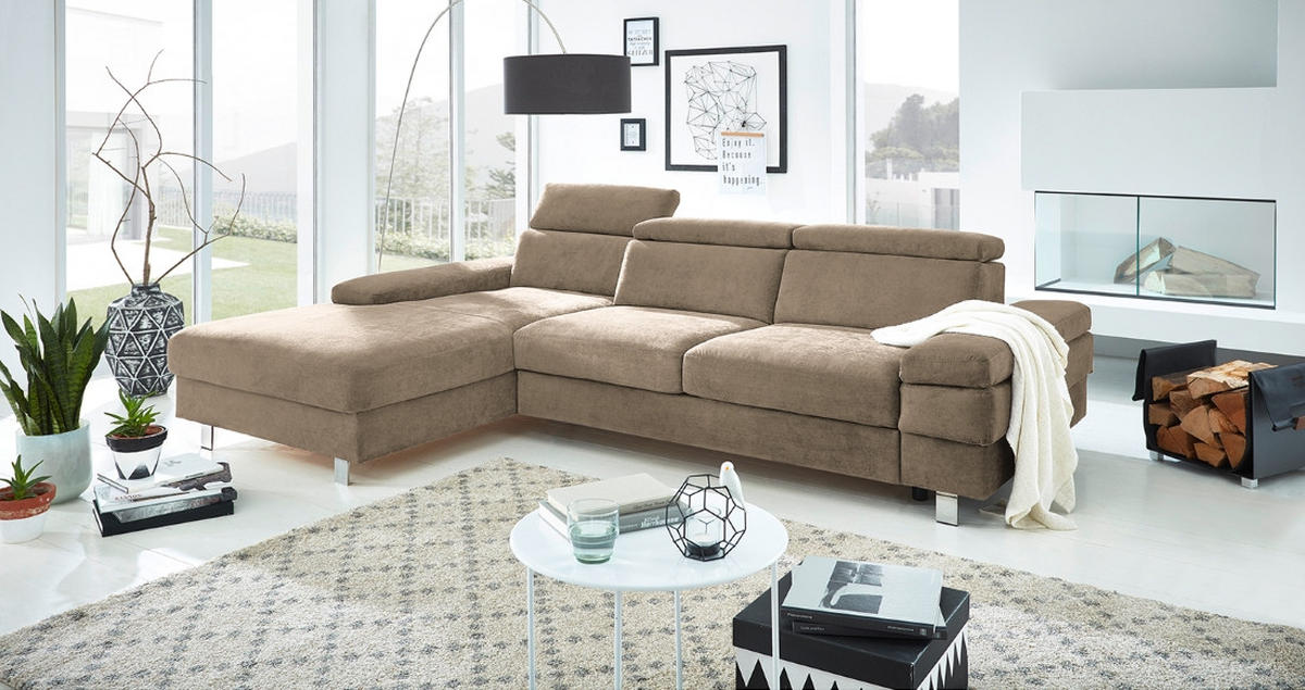 ECKSOFA in Webstoff Schlammfarben  - Schlammfarben/Silberfarben, KONVENTIONELL, Textil/Metall (260/82/182cm) - Trendmanufaktur