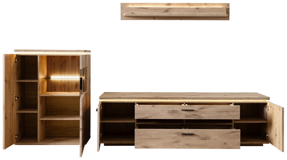 WOHNWAND 3-teilig  in Eichefarben  310/181/50 cm  - Eichefarben/Anthrazit, KONVENTIONELL, Glas/Holzwerkstoff (310/181/50cm) - Cantus