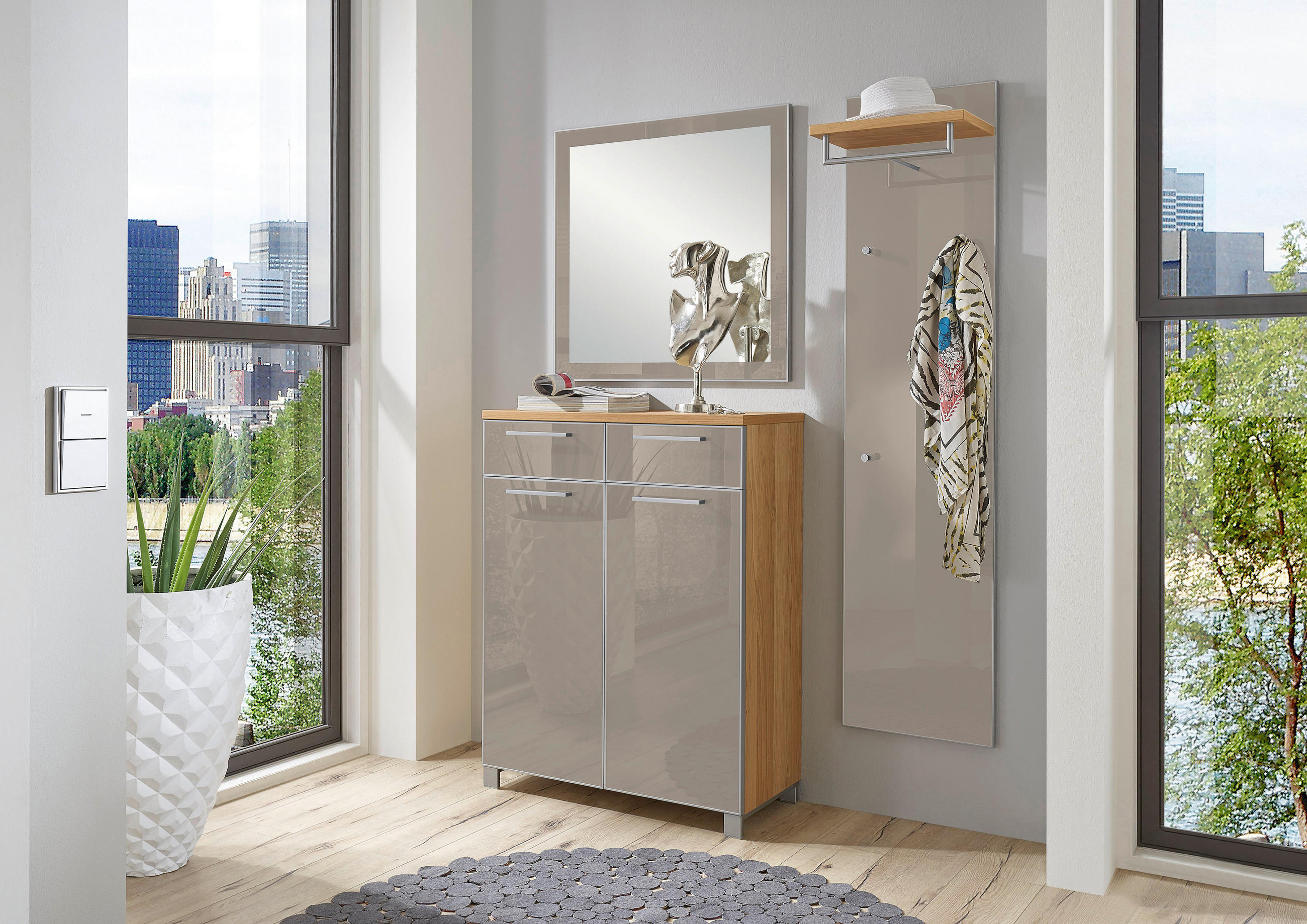 GARDEROBE Taupe, Eichefarben - Taupe/Eichefarben, Design, Glas/Holz (135/195/37cm)