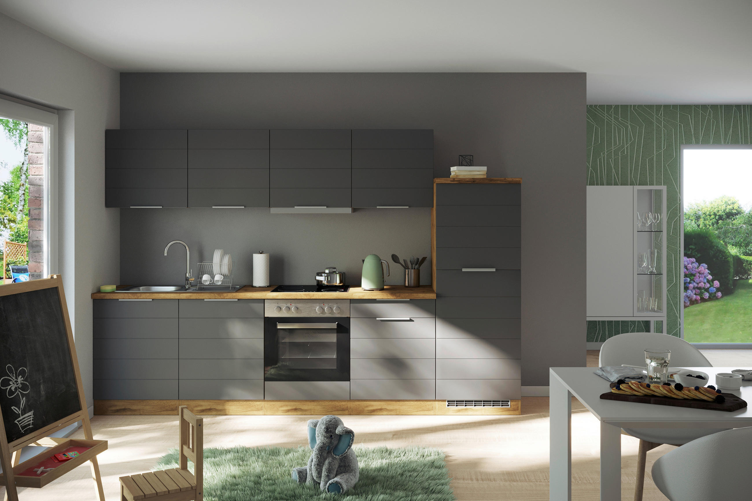 KÜCHENBLOCK 300 cm   in Grau, Eiche Wotan  - Eiche Wotan/Grau, Design, Holzwerkstoff/Metall (300cm) - Held