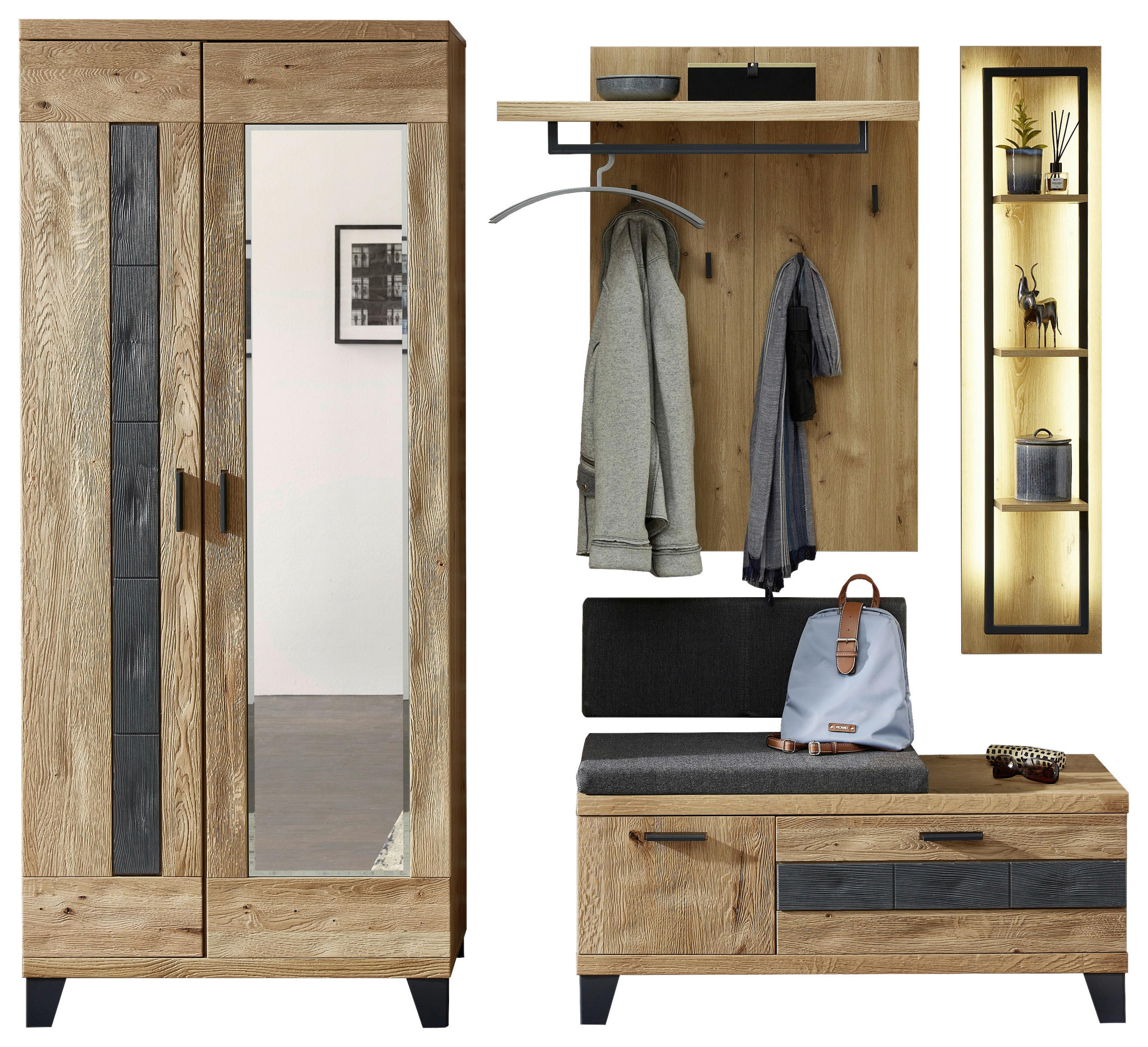 GARDEROBE Grau, Eichefarben - Eichefarben/Grau, Natur, Holz/Textil (128/203/38cm)