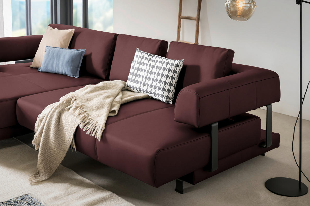 ECKSOFA in Echtleder Bordeaux  - Bordeaux/Schwarz, Design, Leder/Metall (188/307cm)