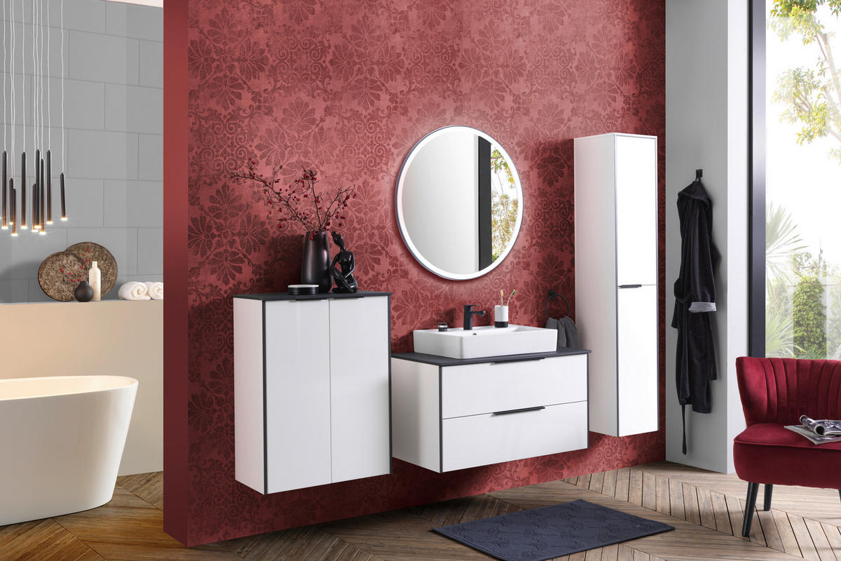 BADEZIMMER  in 92,4 cm  - Weiß Hochglanz/Schwarz, Basics, Glas/Keramik (92,4cm) - Voleo