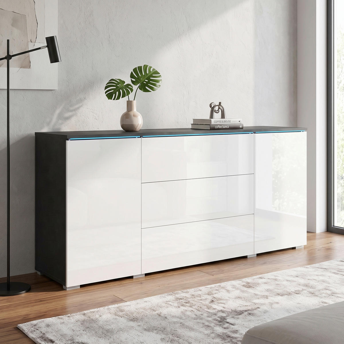 SIDEBOARD Vera 150/67,9/39,5 cm 3 Schublade(n)  - Weiß Hochglanz/Anthrazit, Basics, Holzwerkstoff/Kunststoff (150/67,9/39,5cm) - P & B