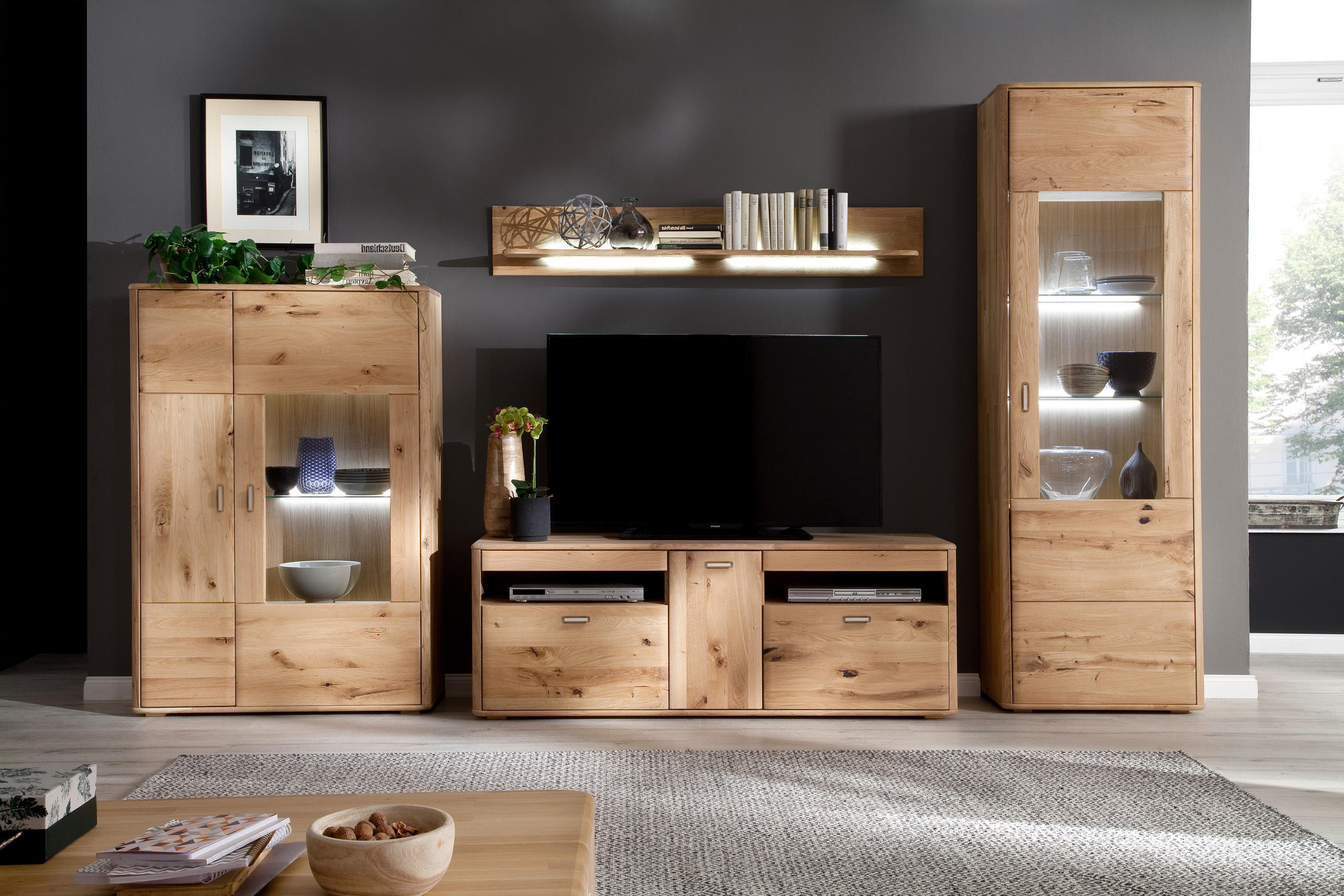 WOHNWAND  in Eichefarben  339/208/50 cm  - Eichefarben/Silberfarben, Design, Glas/Holz (339/208/50cm) - Livetastic