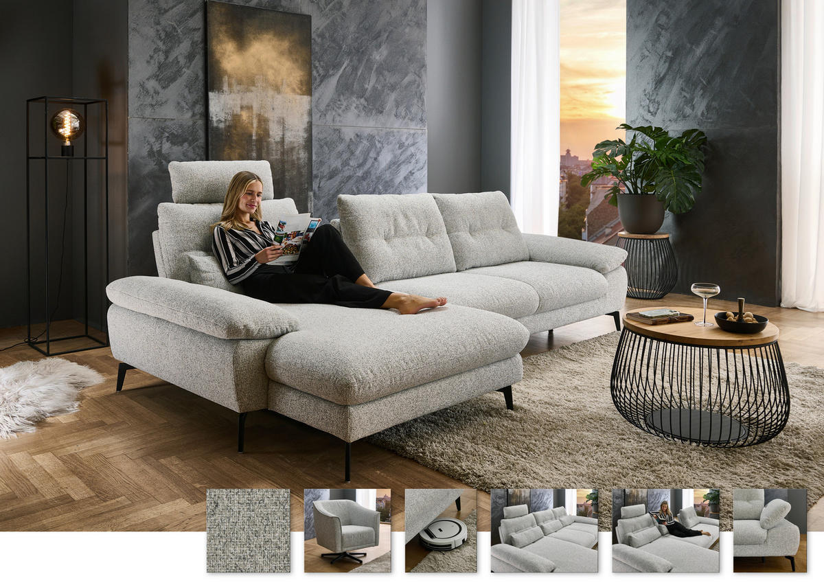 ECKSOFA Hellgrau Flachgewebe  - Hellgrau/Schwarz, Design, Textil/Metall (168/303cm) - Valdera