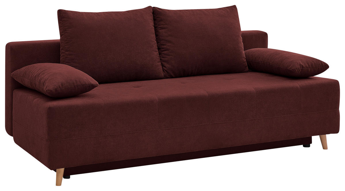 SCHLAFSOFA LUMOS Samt Bordeaux  inkl. Rückenkissen, Armlehnenkissen, Schlaffunktion, Rücken echt, Stauraum  - Bordeaux/Naturfarben, Design, Textil (206/96/96cm) - P & B