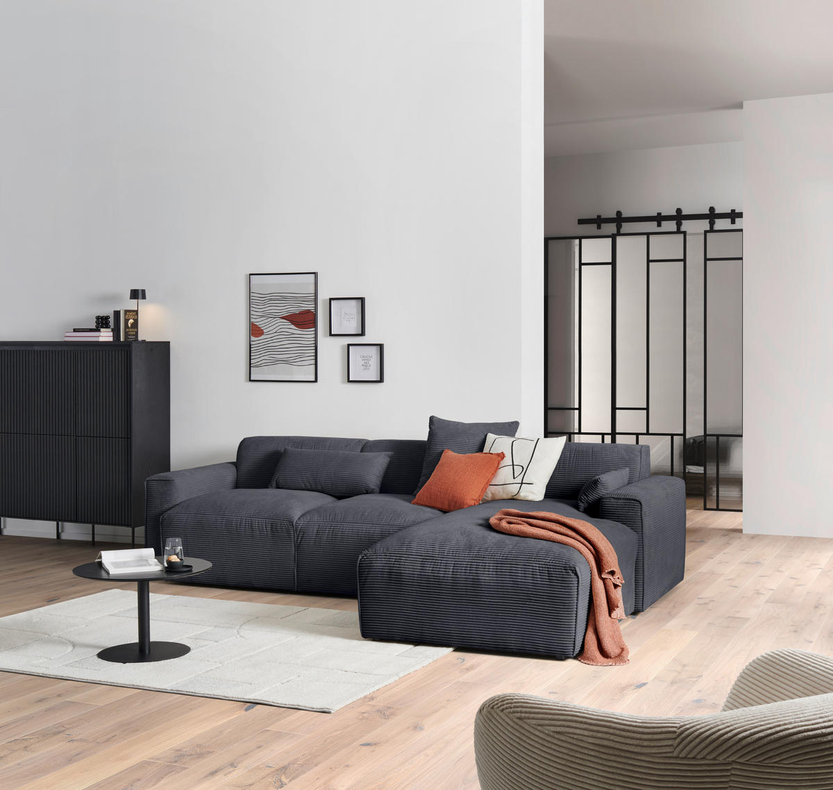 ECKSOFA Graphitfarben Cord  - Schwarz/Graphitfarben, Design, Kunststoff/Textil (303/196cm) - Livetastic