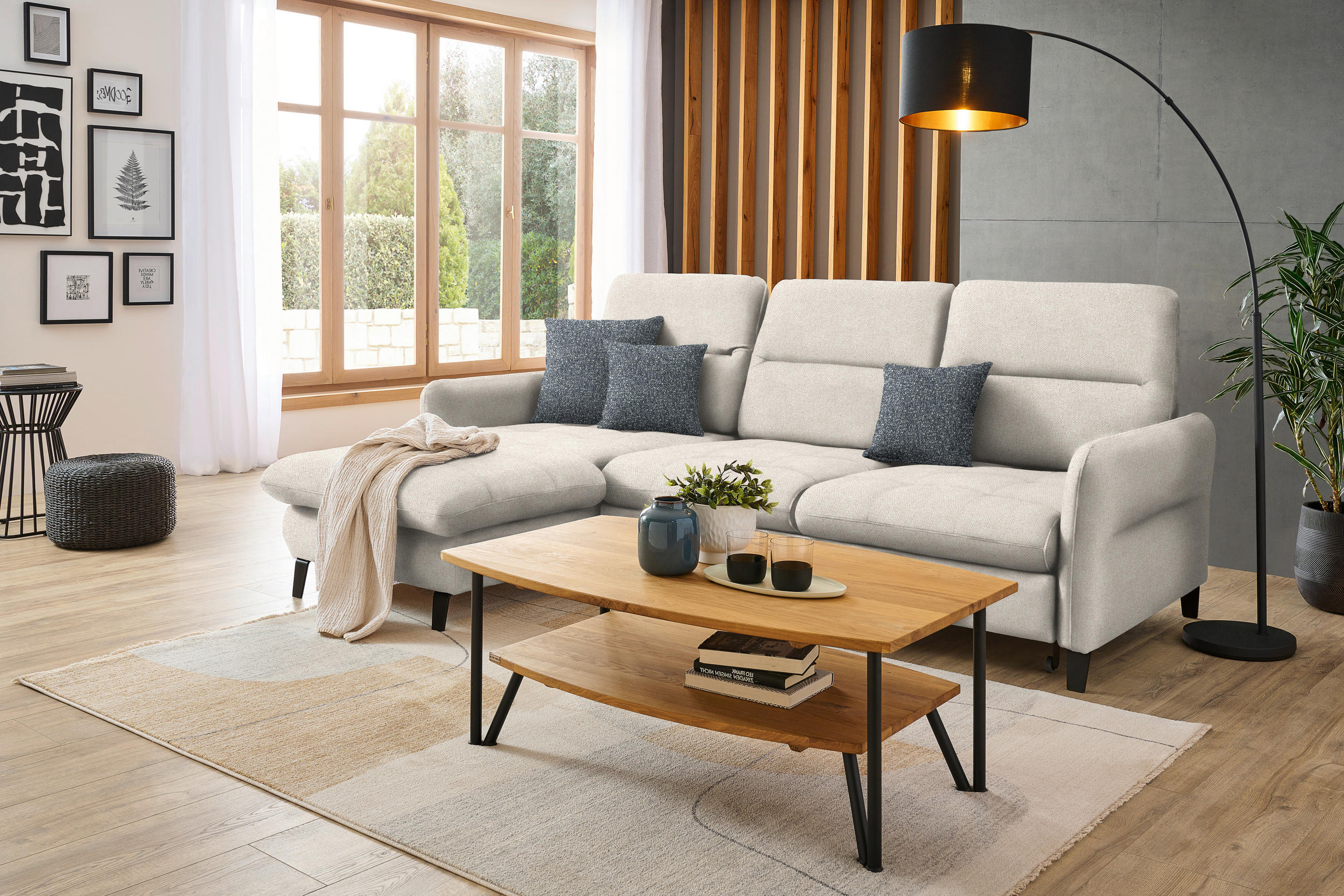 ECKSOFA Creme Plüsch  - Creme/Schwarz, KONVENTIONELL, Textil/Metall (190/254cm) - Livetastic