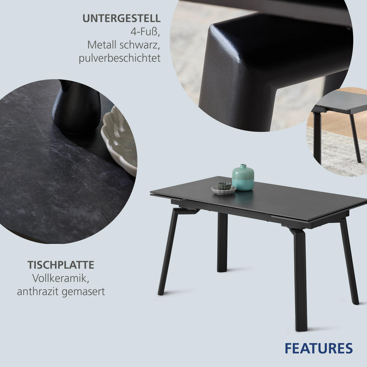ESSTISCH Anthrazit, Schwarz  ausziehbar  - Anthrazit/Schwarz, MODERN, Keramik/Metall (140/80/76cm) - MID.YOU