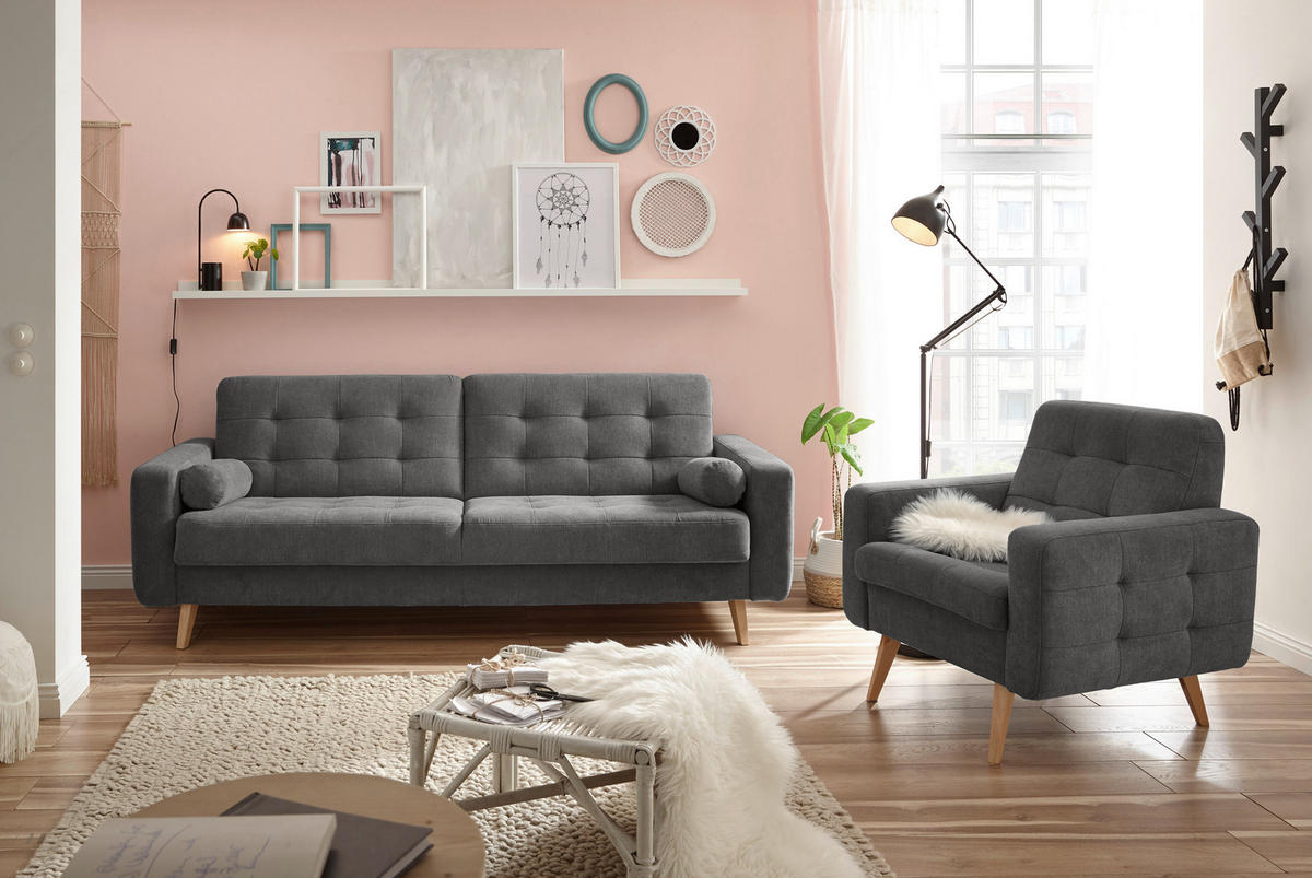 SCHLAFSOFA  mit Mikrovelours Grau  - Schlammfarben/Eichefarben, MODERN, Holz/Textil (222/86/90cm) - MID.YOU