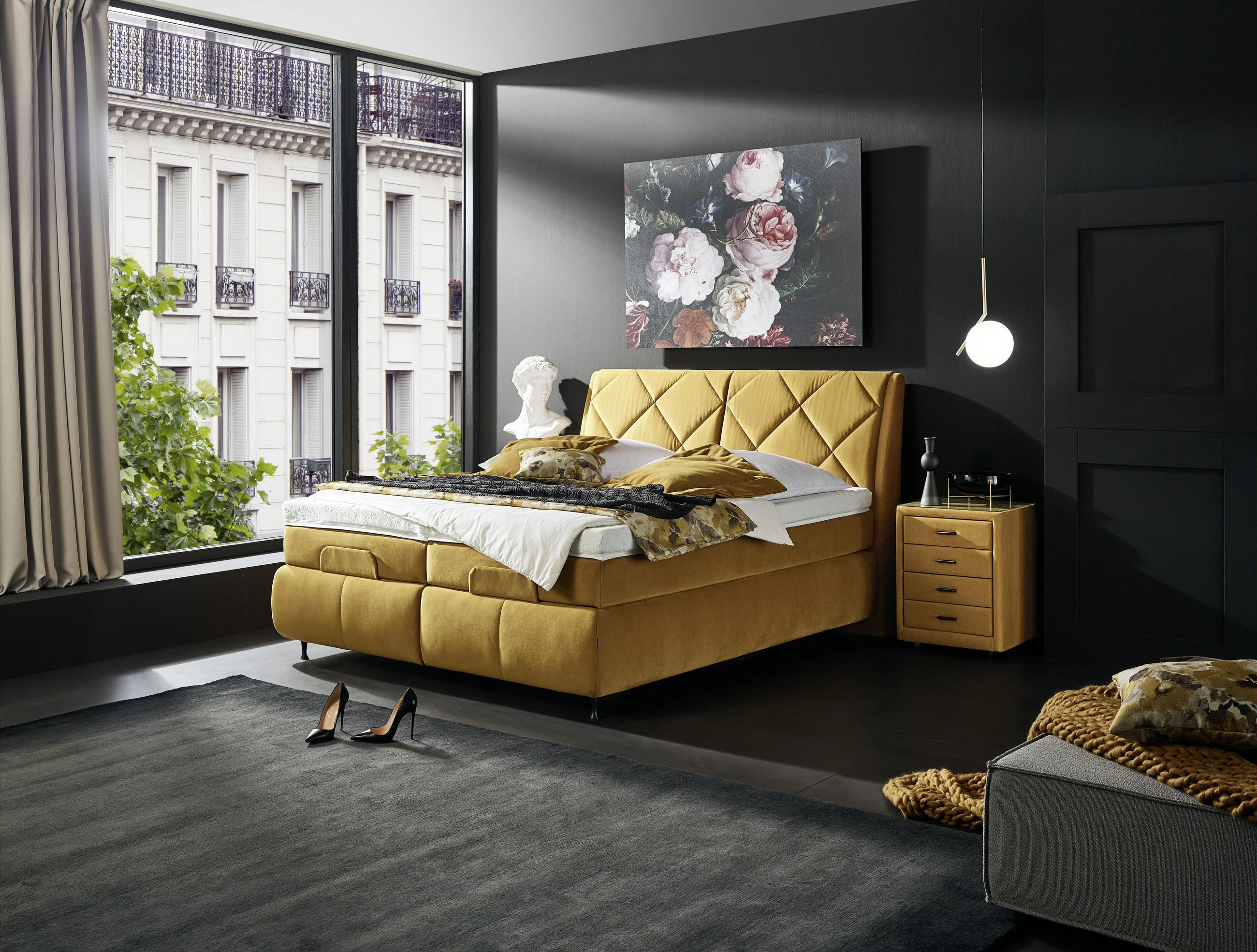 BOXSPRINGBETT 180/200 cm  in Gelb  - Gelb/Schwarz, KONVENTIONELL, Textil/Metall (180/200cm) - Dieter Knoll